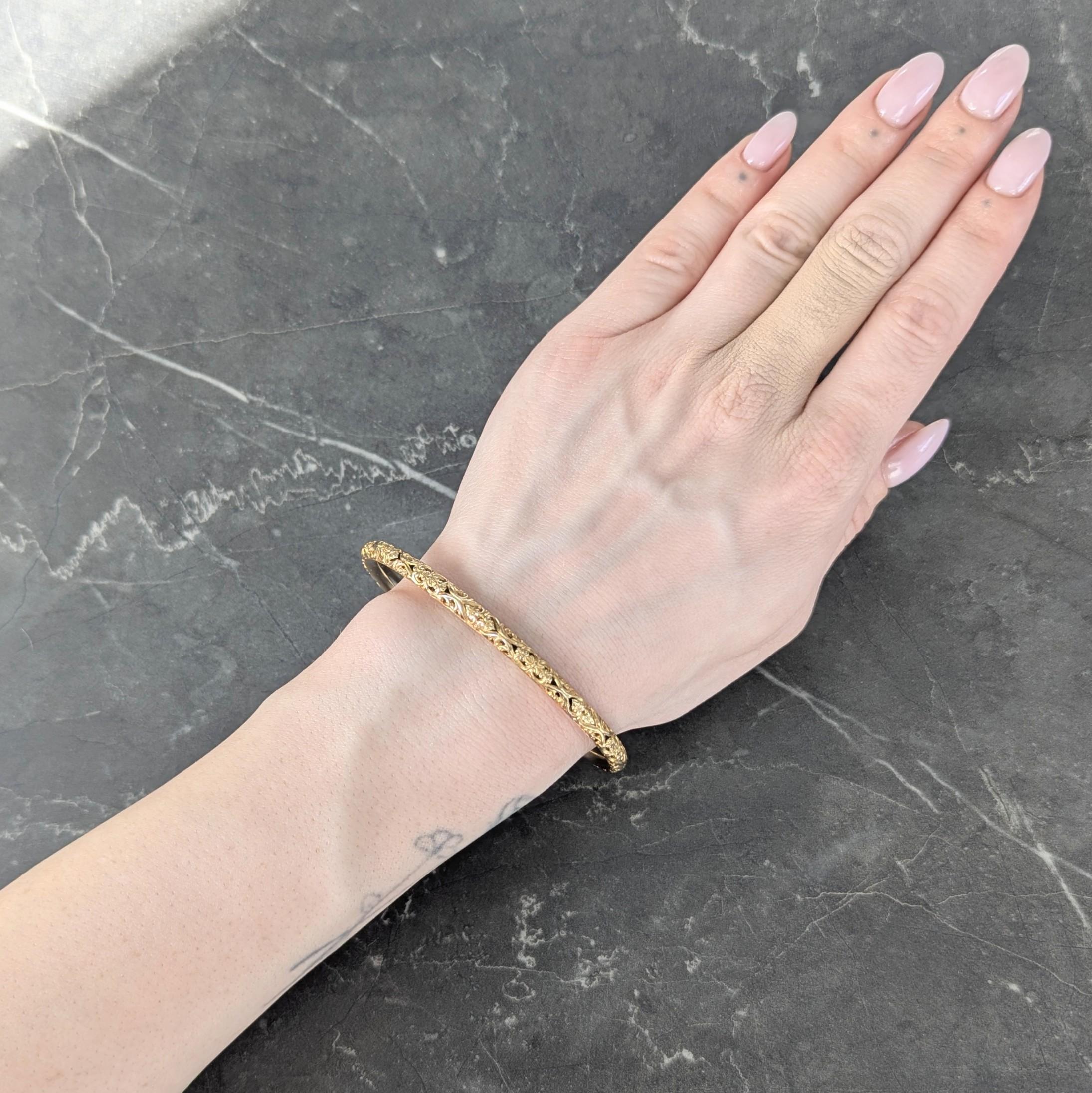Sloan & Co. Late Victorian 14K Gold Ornamental Floral Antique Bangle Bracelet