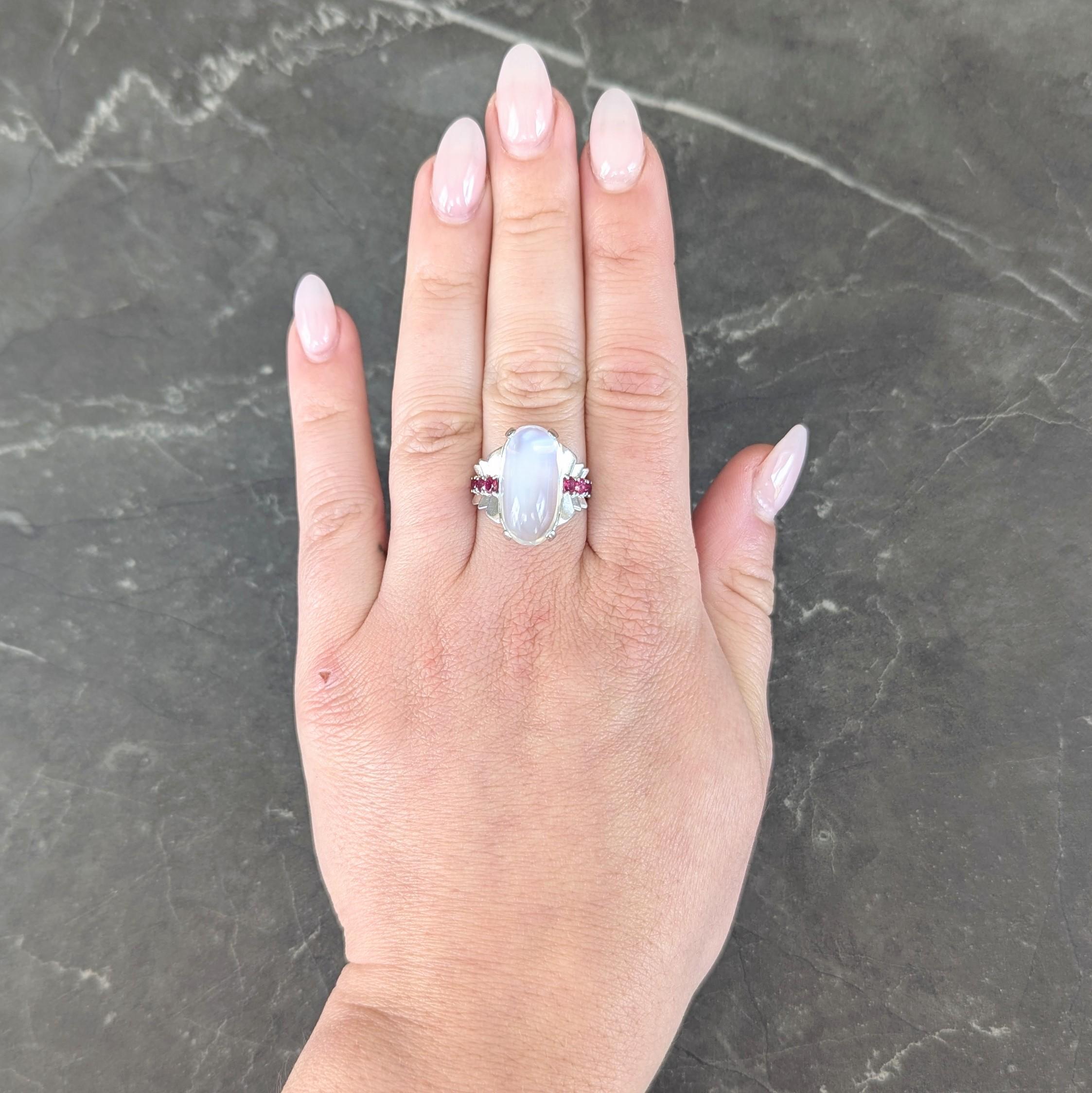 Mid-Century Moonstone Ruby Platinum Vintage Cocktail Ring