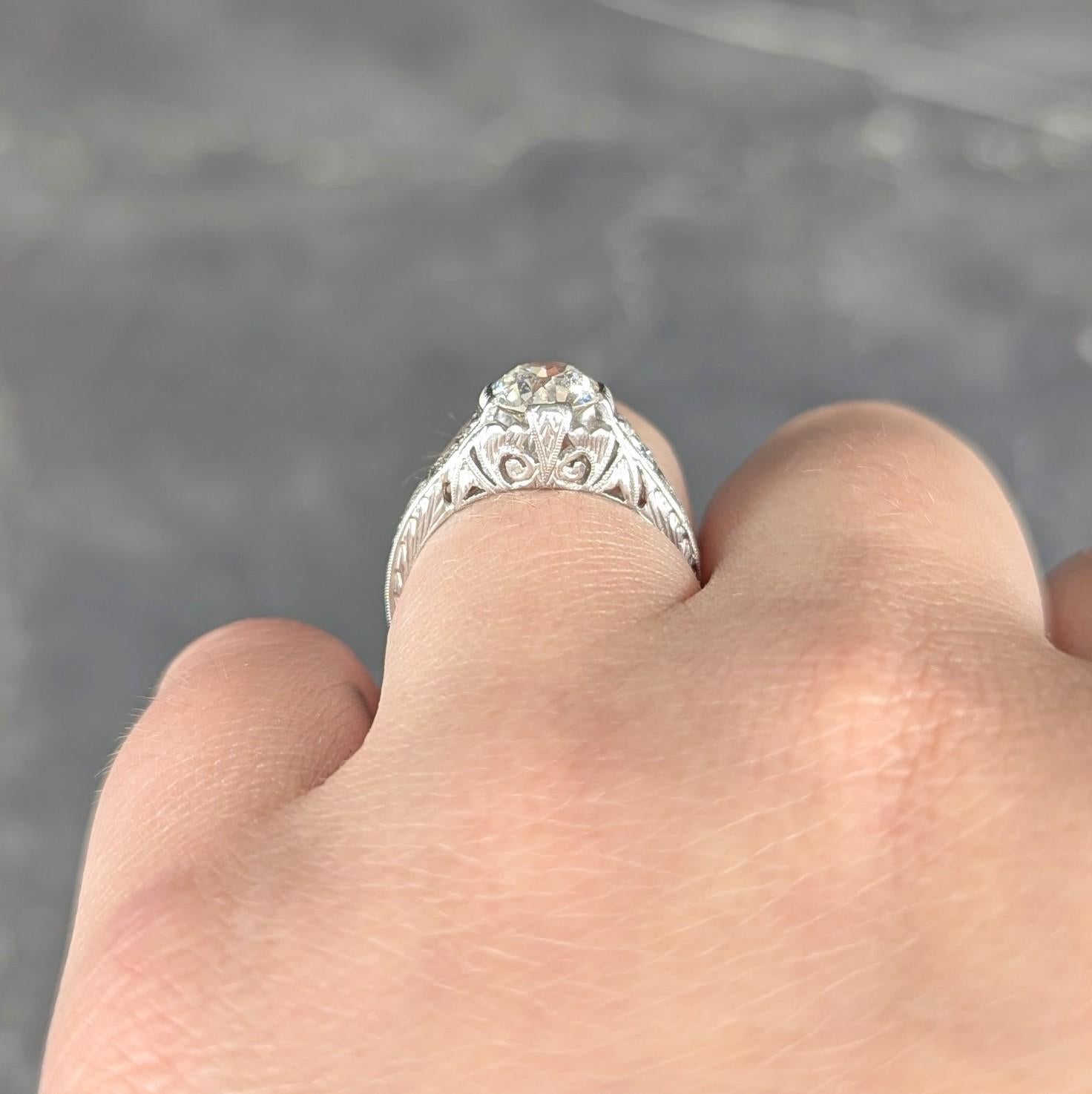 Art Deco 1.21 Old European Diamond Platinum Vintage Scrolling Engagement Ring