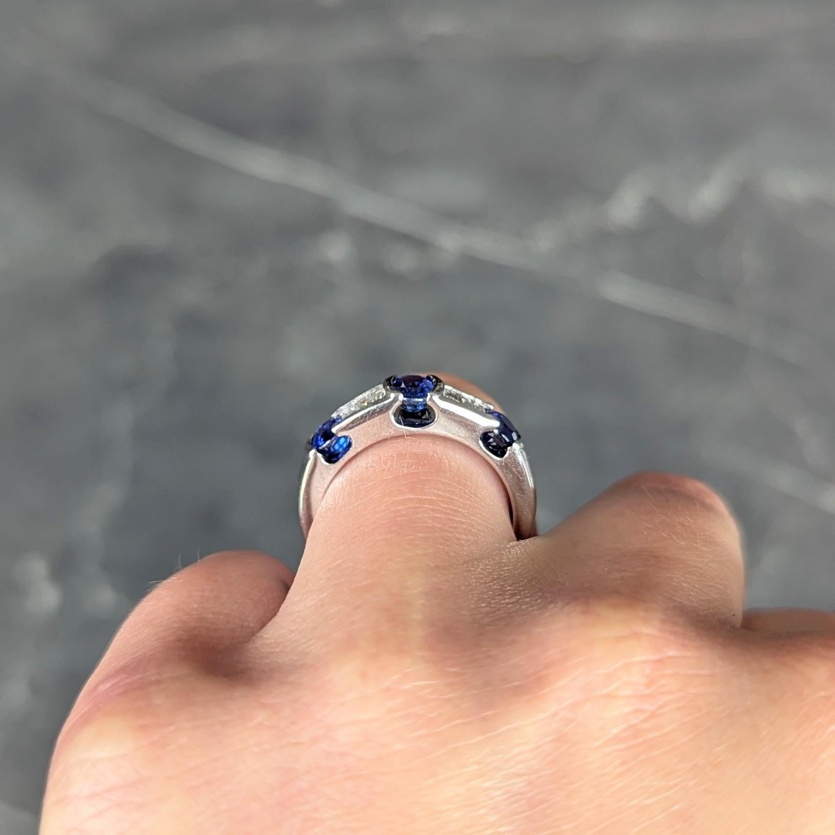 Contemporary Blue Sapphire Diamond 18 Karat White Gold Tension Set Band Ring
