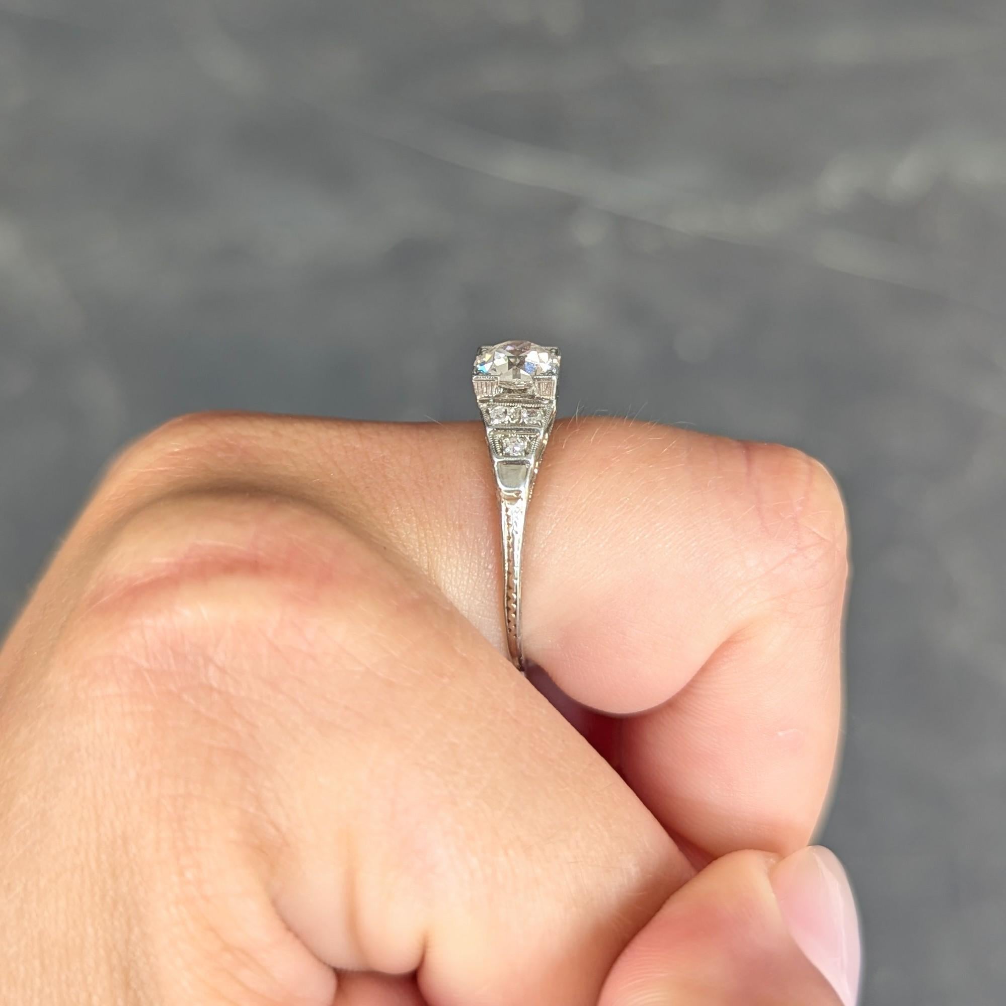 Art Deco Old European Cut Diamond 18K White Gold Vintage Stepped Engagement Ring