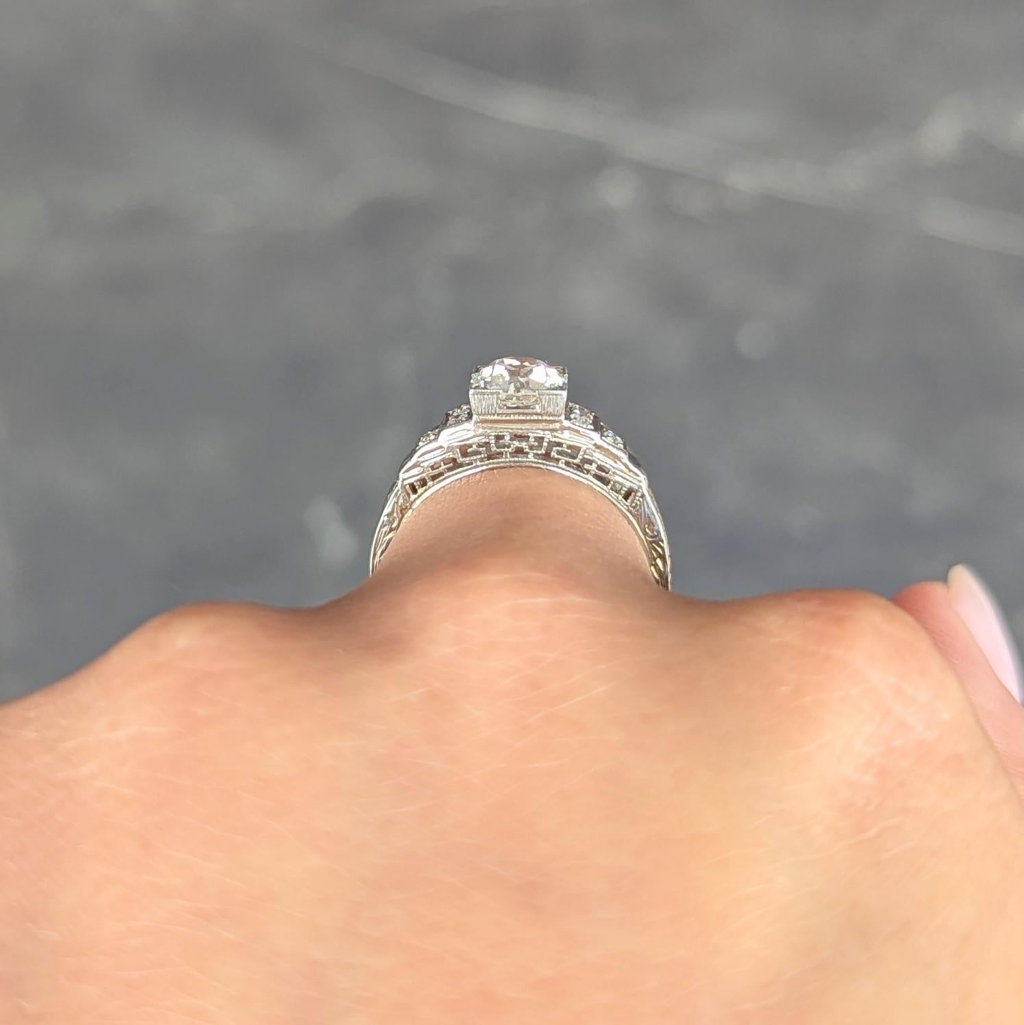 Art Deco Old European Cut Diamond 18K White Gold Vintage Stepped Engagement Ring