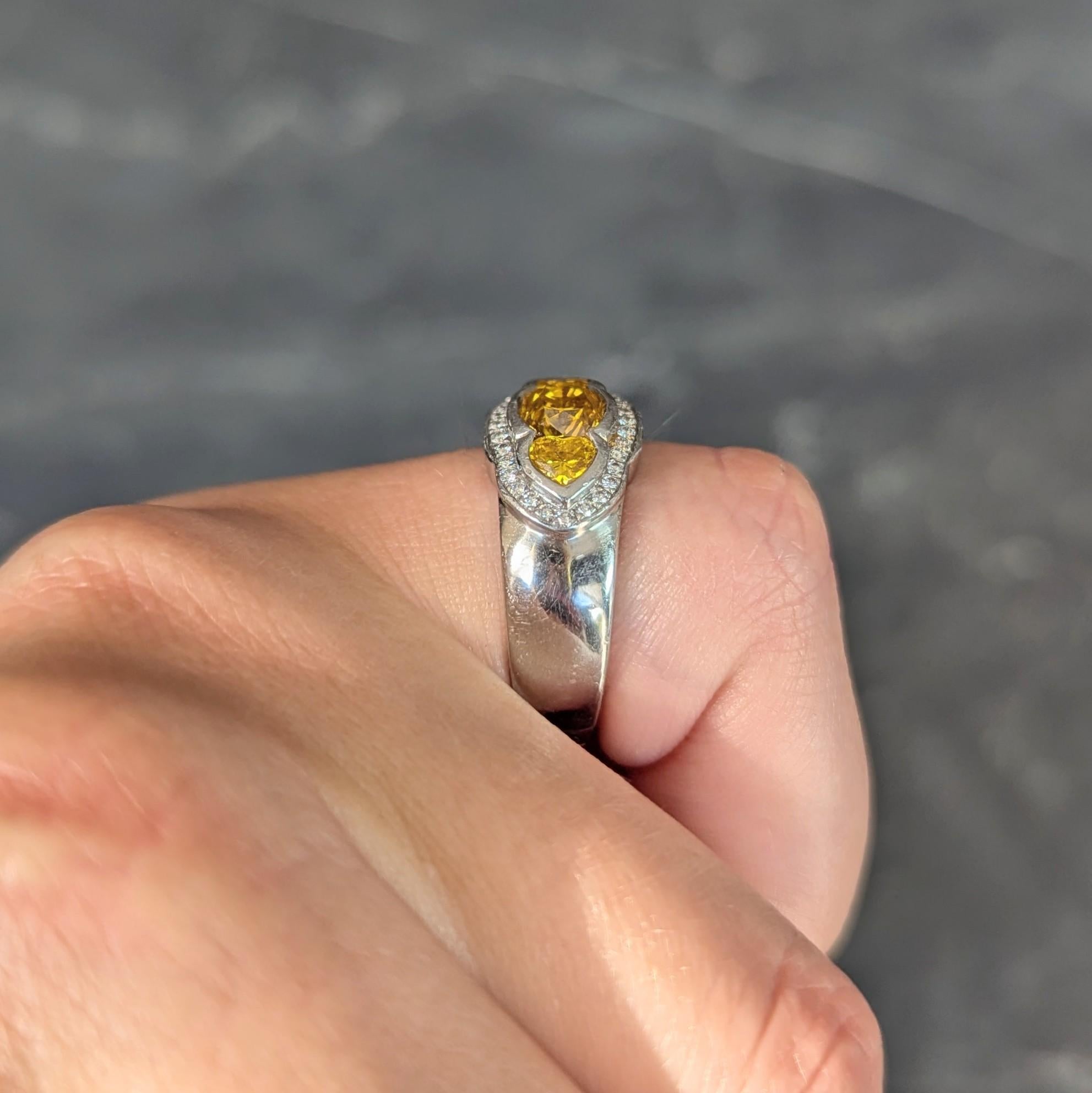Vintage 1.79 CTW Fancy Vivid Yellow Diamond Three Stone Halo Ring
