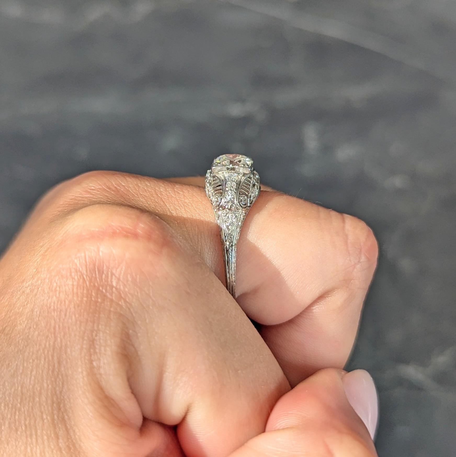 Art Deco Old European Cut Diamond Platinum Vintage Bombé Wheat Engagement Ring