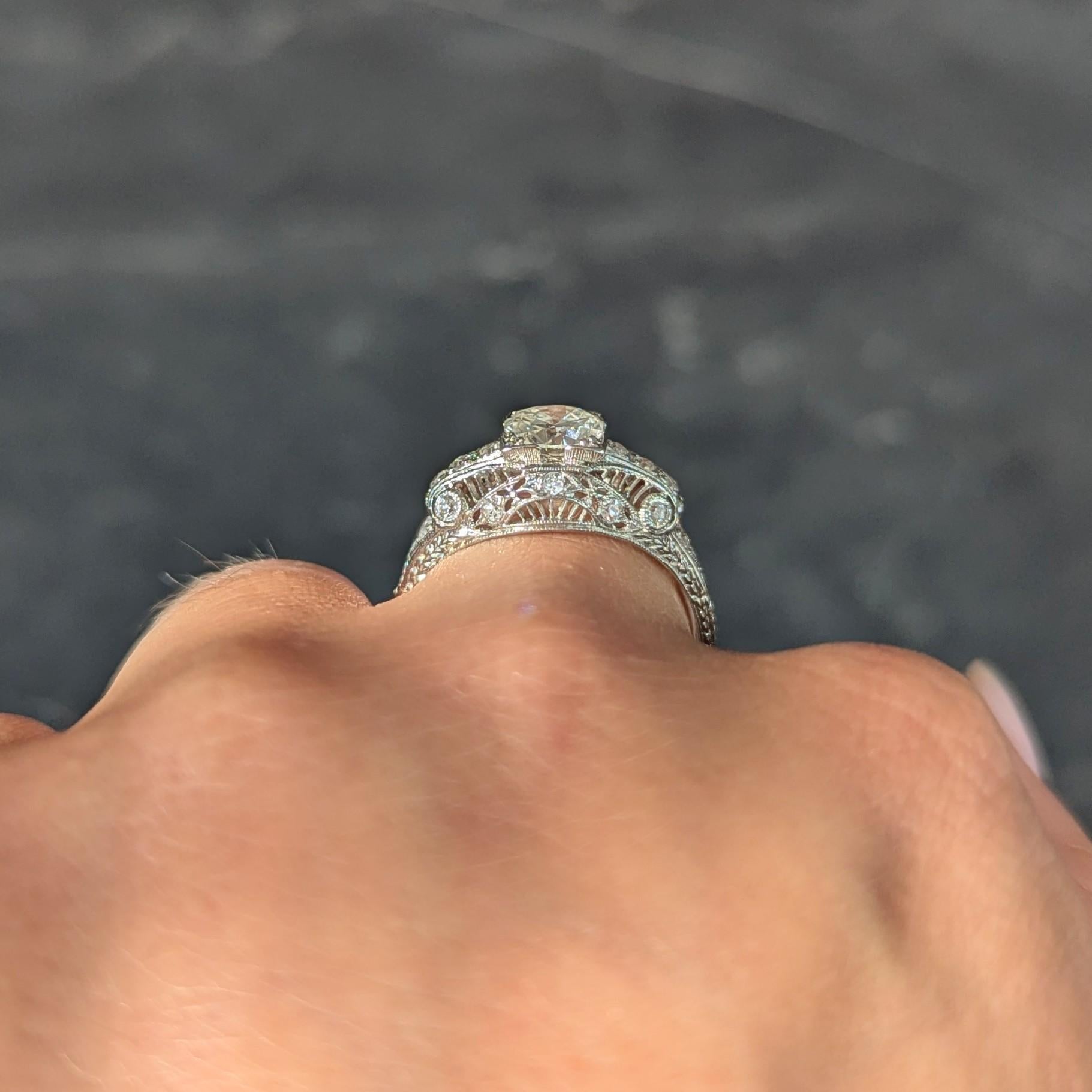 Art Deco Old European Cut Diamond Platinum Vintage Bombé Wheat Engagement Ring