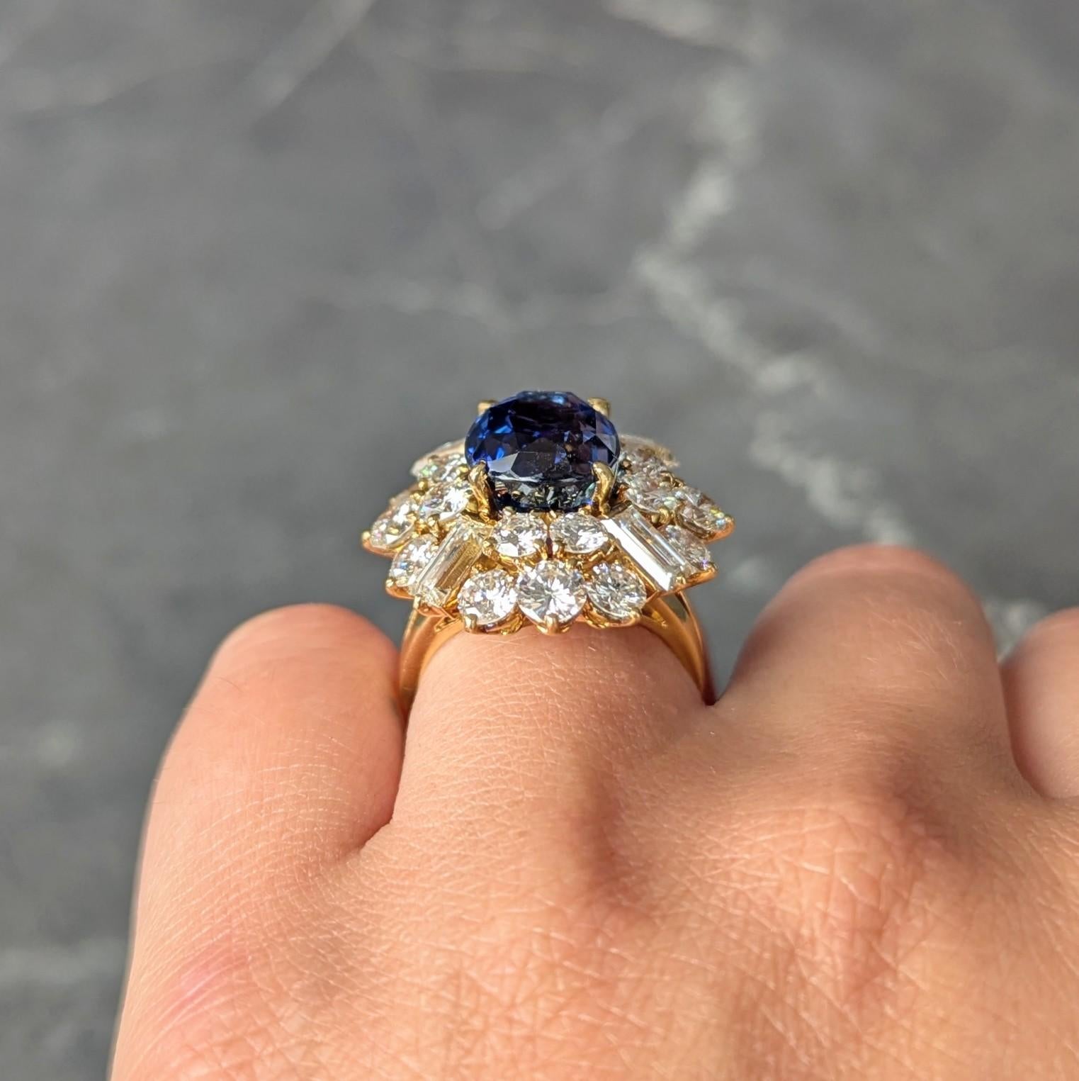 Fred Paris French 13.56 CTW No Heat Ceylon Sapphire Diamond 18K Yellow Gold Ring