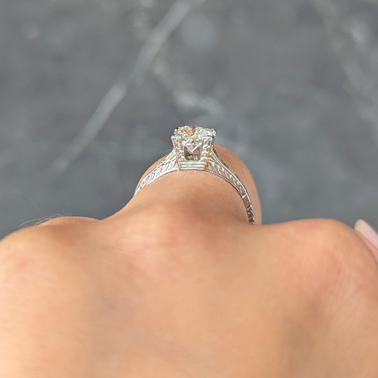 Art Deco Old European Diamond 18K White Gold Vintage Solitaire Engagement Ring