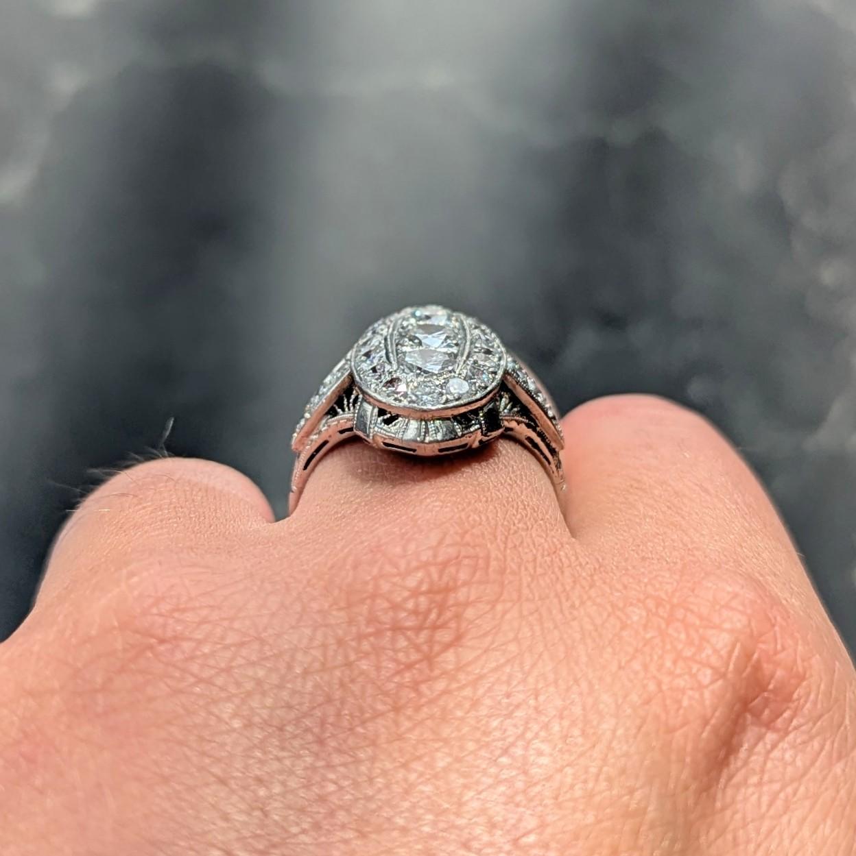 Edwardian 2.68 CTW Diamond Platinum Antique Scrolling Navette Dinner Ring