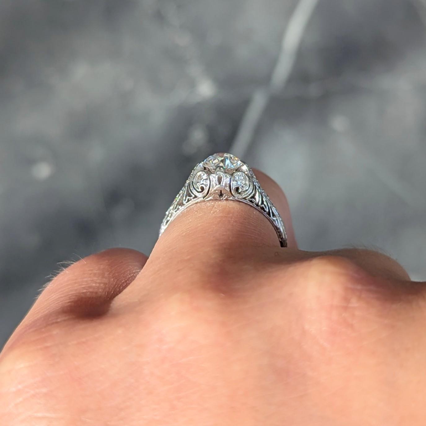 Art Deco 1929 1.00 CTW Diamond Platinum Antique Scroll Feather Engagement Ring