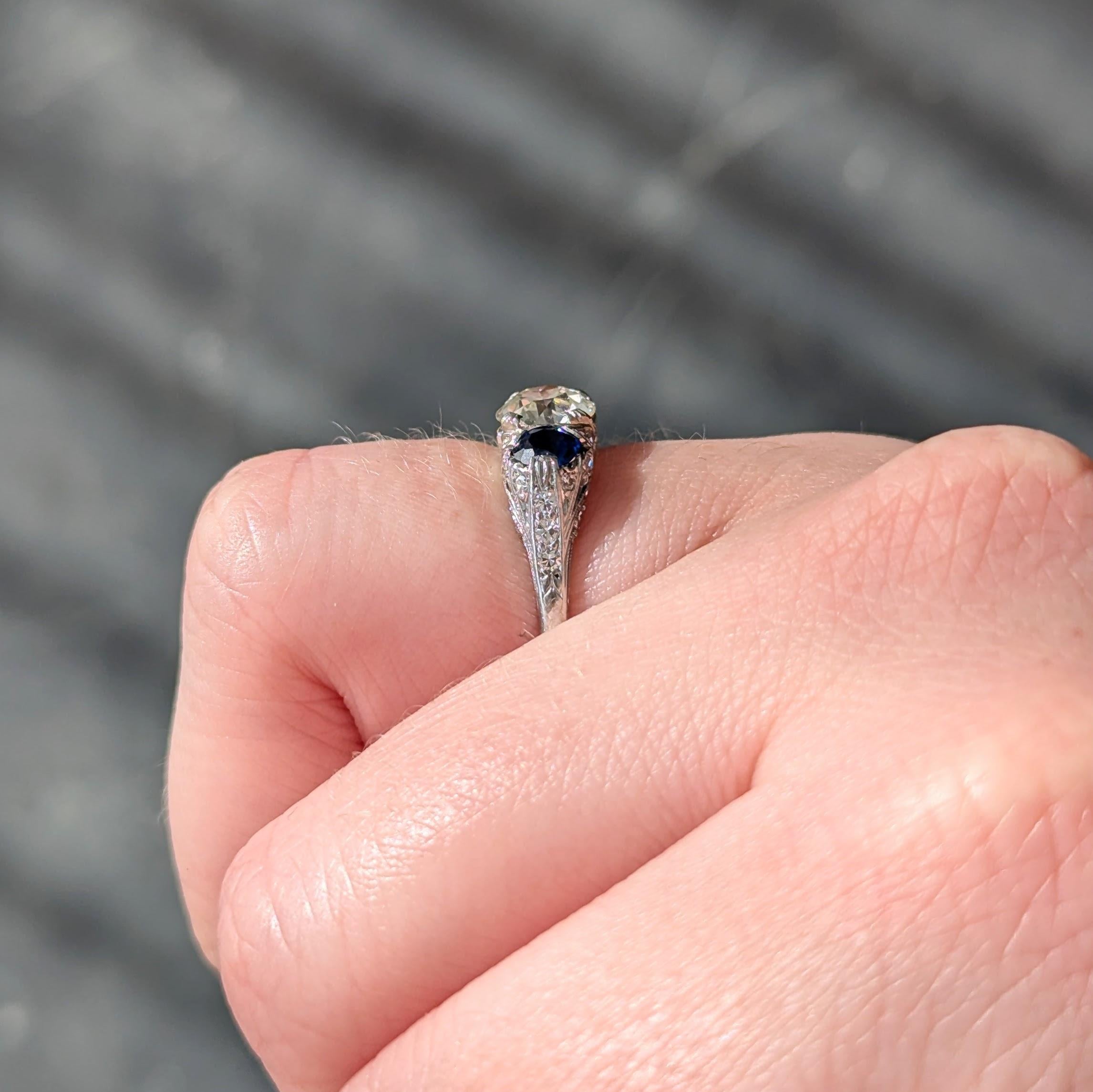 Edwardian 2.10 CTW Sapphire Diamond Platinum Antique Foliate Three Stone Ring