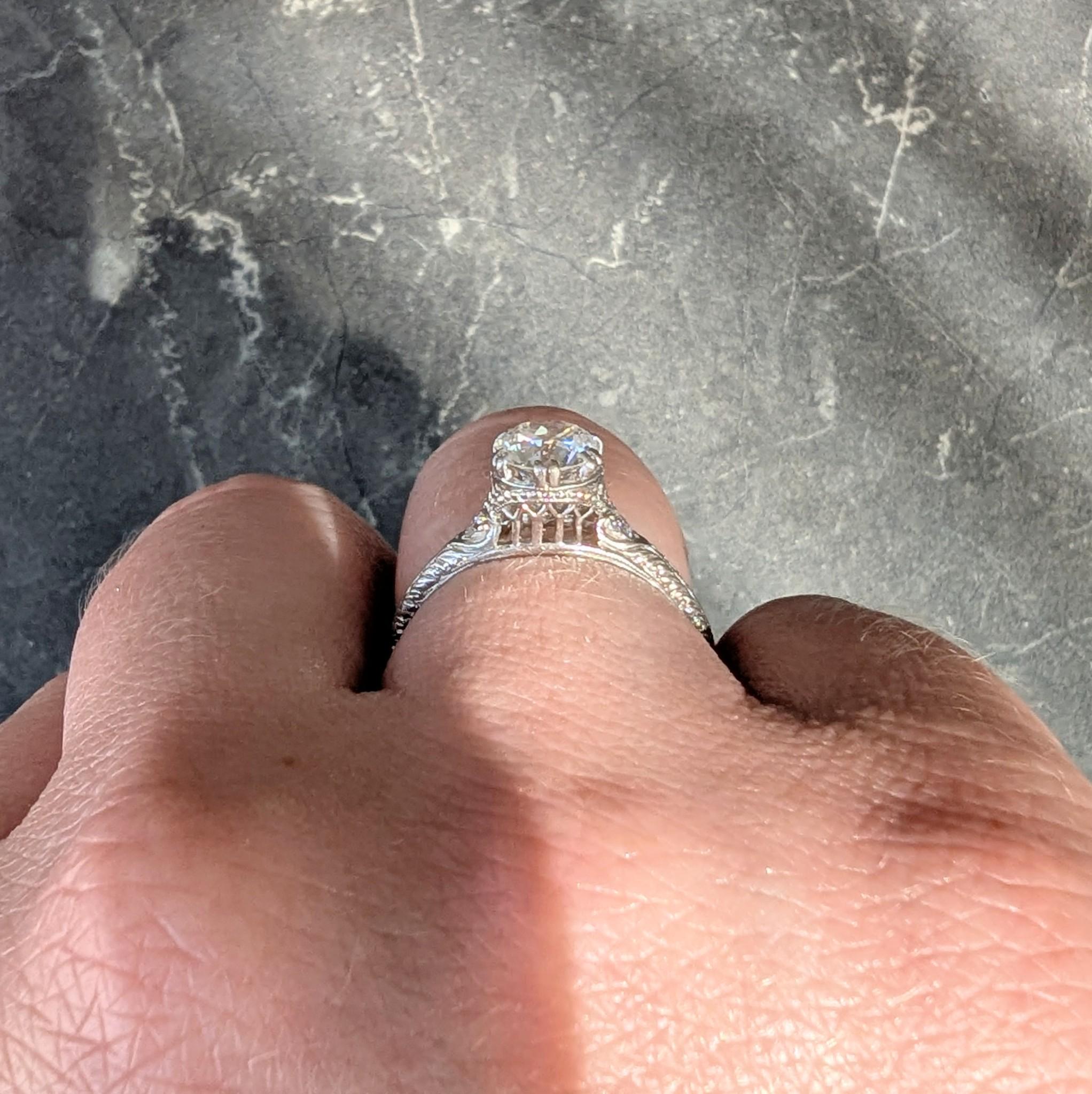 Art Deco 1929 Old European Cut Diamond Platinum Vintage Feather Engagement Ring