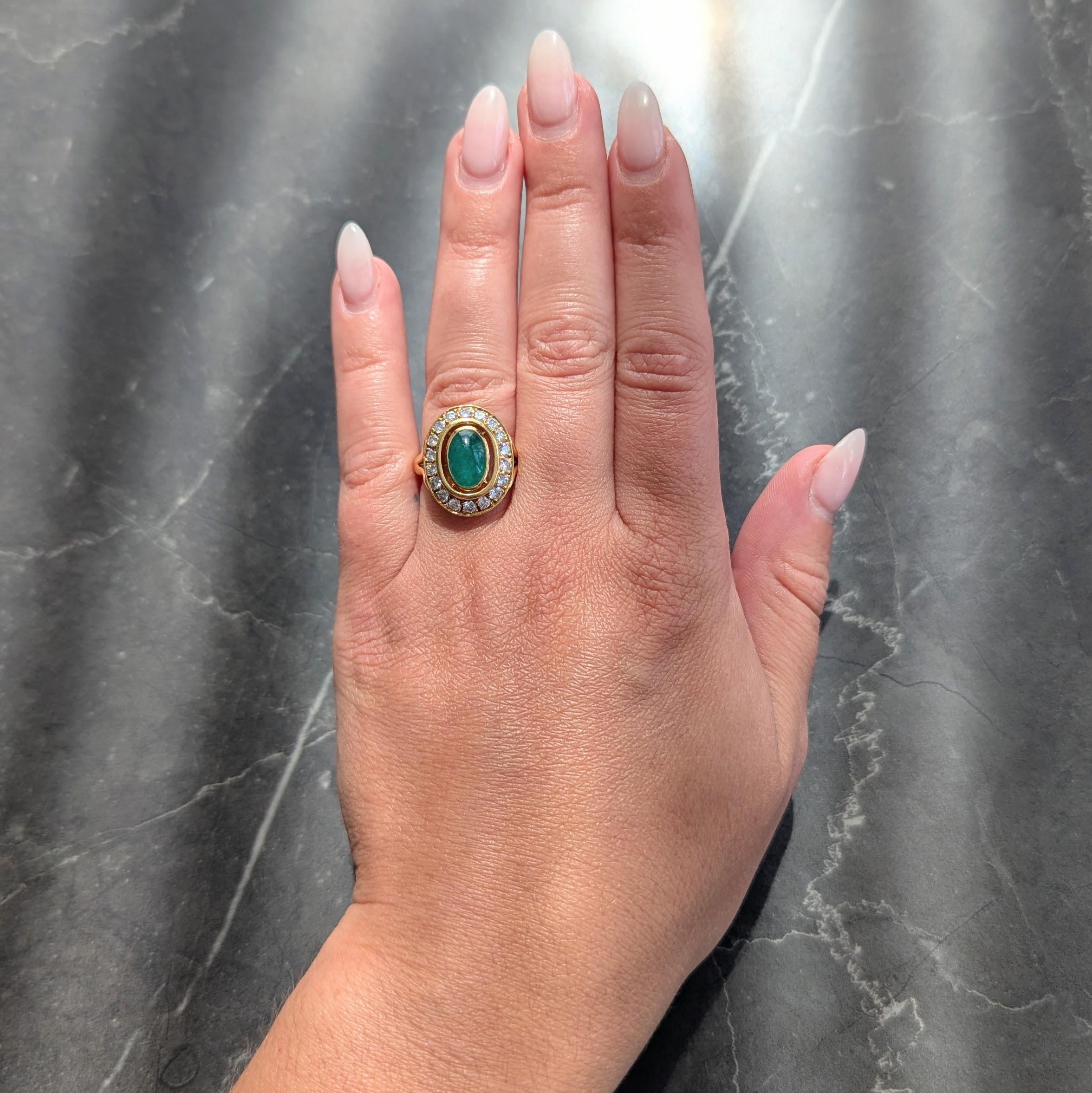 Cartier Paris 1960's Modern Cabochon Emerald Diamond 18K Gold Vintage Halo Ring
