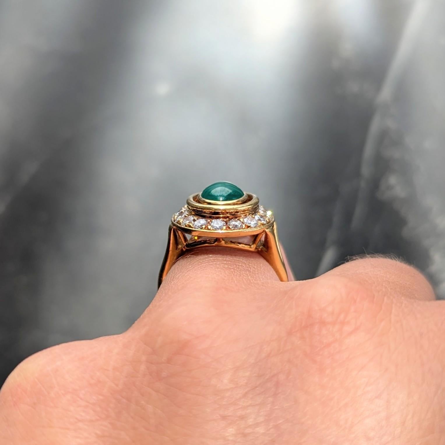 Cartier Paris 1960's Modern Cabochon Emerald Diamond 18K Gold Vintage Halo Ring