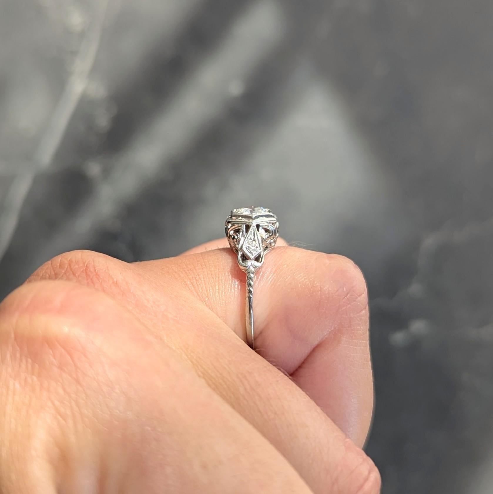 Art Deco Old European Cut Diamond 14 Karat White Gold Vintage Engagement Ring
