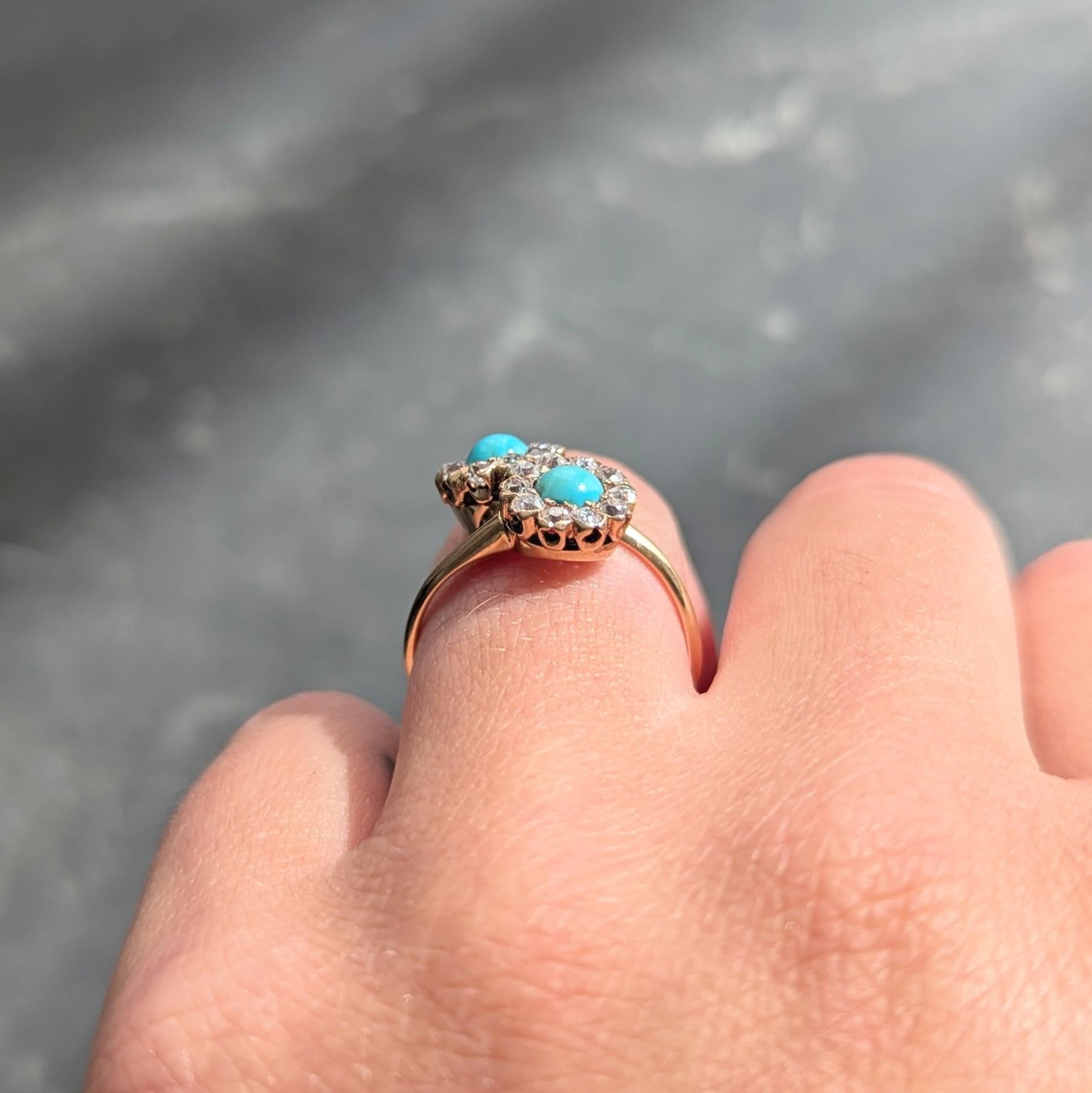 Victorian Turquoise Diamond 14 Karat Yellow Gold Antique Toi-Et-Moi Bypass Ring