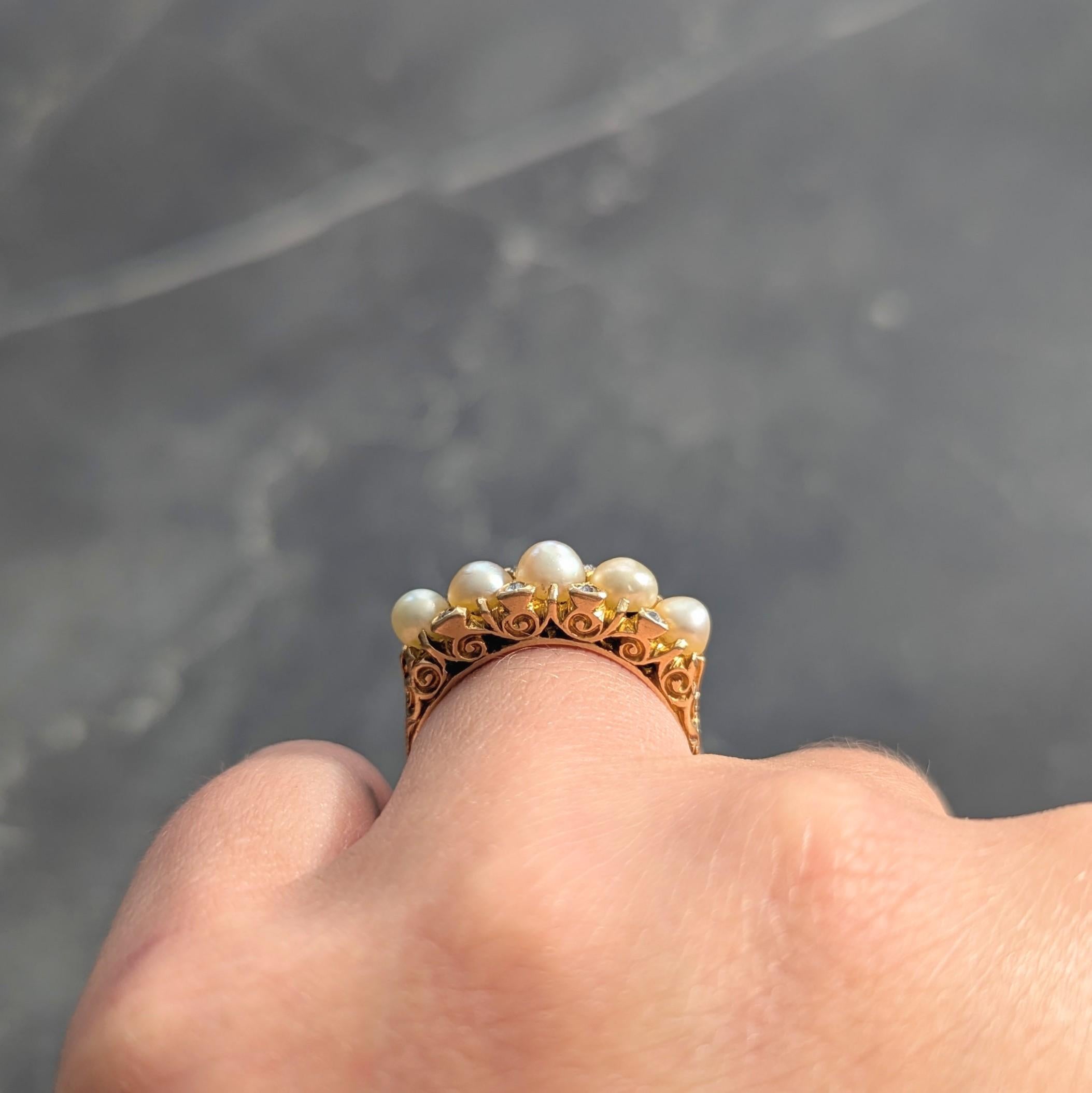 Art Nouveau Pearl Diamond 18 Karat Yellow Gold Antique Scrolling Band Ring