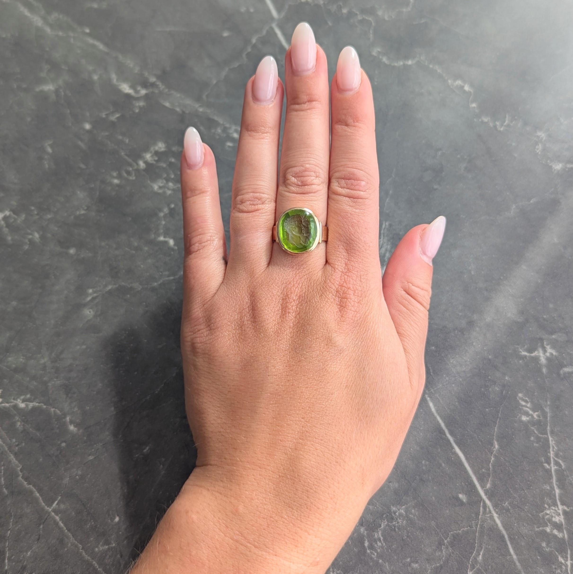 Victorian Peridot 18 Karat Yellow Gold Antique Roman Bust Intaglio Signet Ring