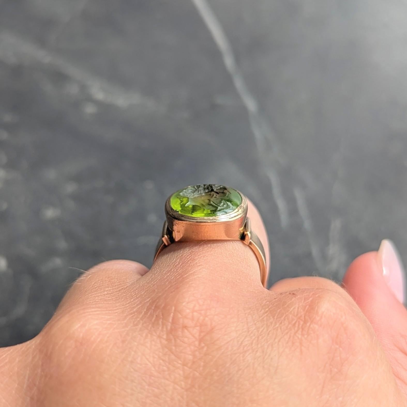 Victorian Peridot 18 Karat Yellow Gold Antique Roman Bust Intaglio Signet Ring