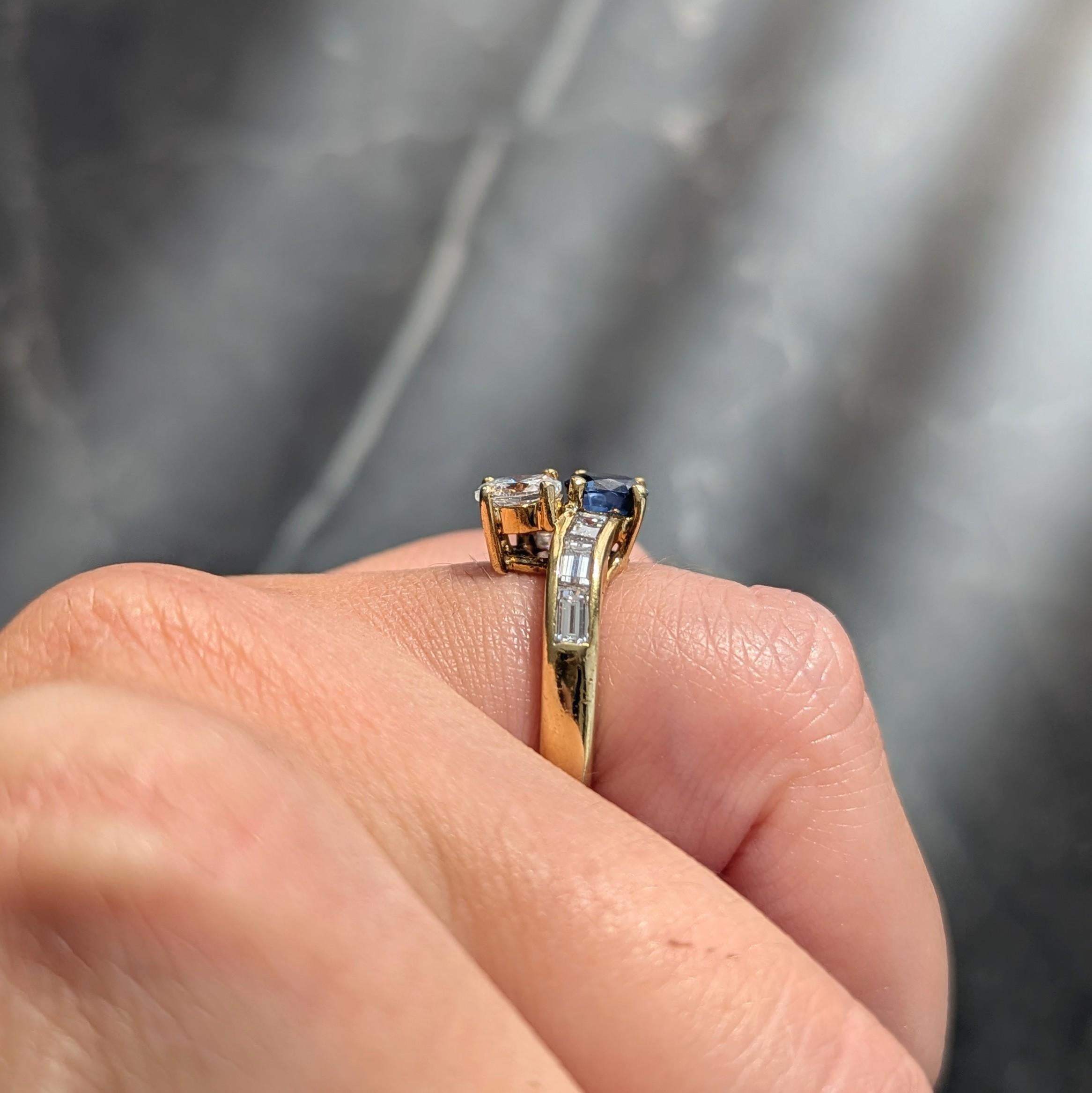 1980's Sapphire Diamond 18 Karat Yellow Gold Vintage Toi-Et-Moi Bypass Ring