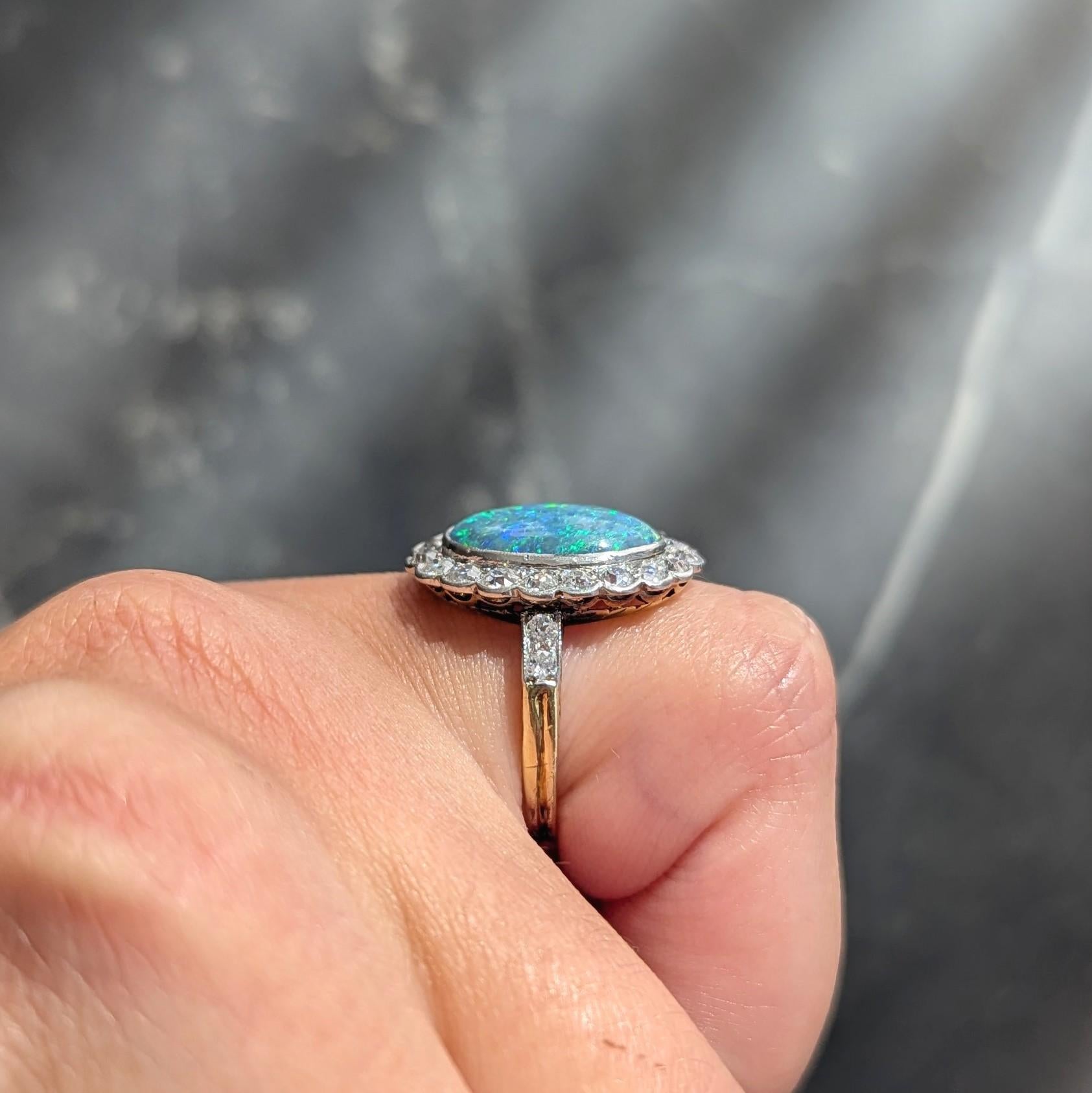 Edwardian Black Opal Diamond Platinum 18 Karat Yellow Gold Antique Halo Ring