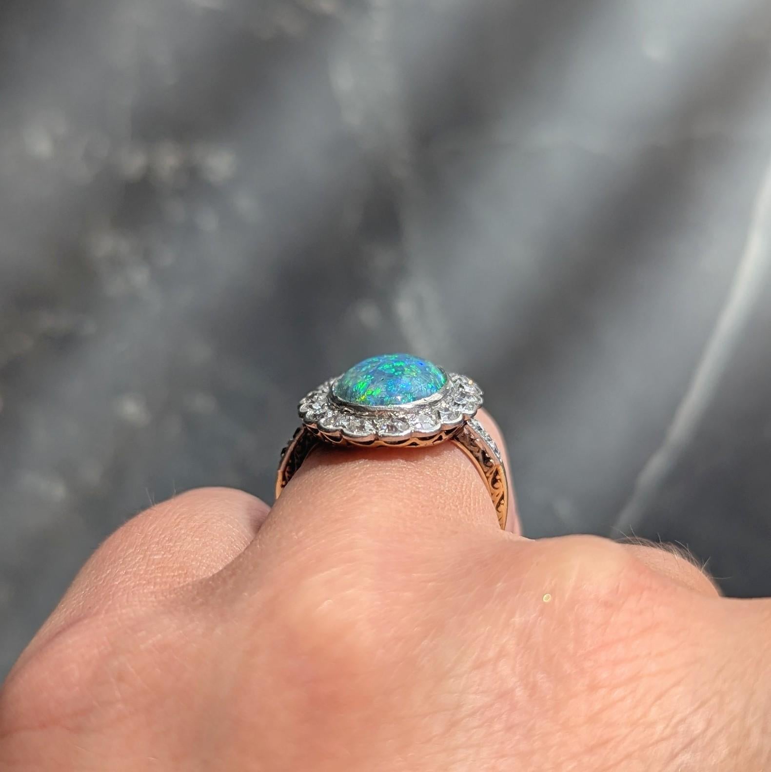 Edwardian Black Opal Diamond Platinum 18 Karat Yellow Gold Antique Halo Ring