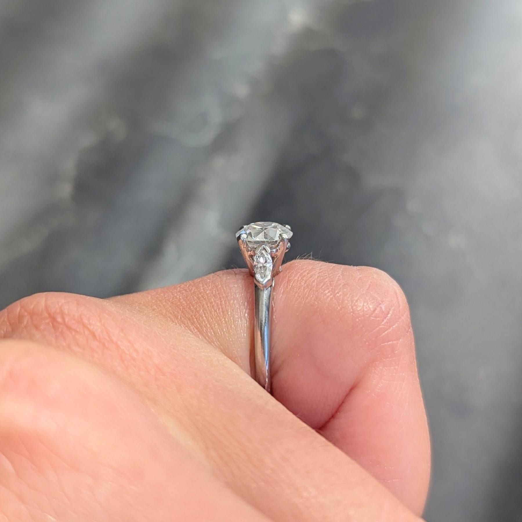 Mid-Century 1.43 CTW Diamond Platinum Vintage Three Stone Engagement Ring GIA
