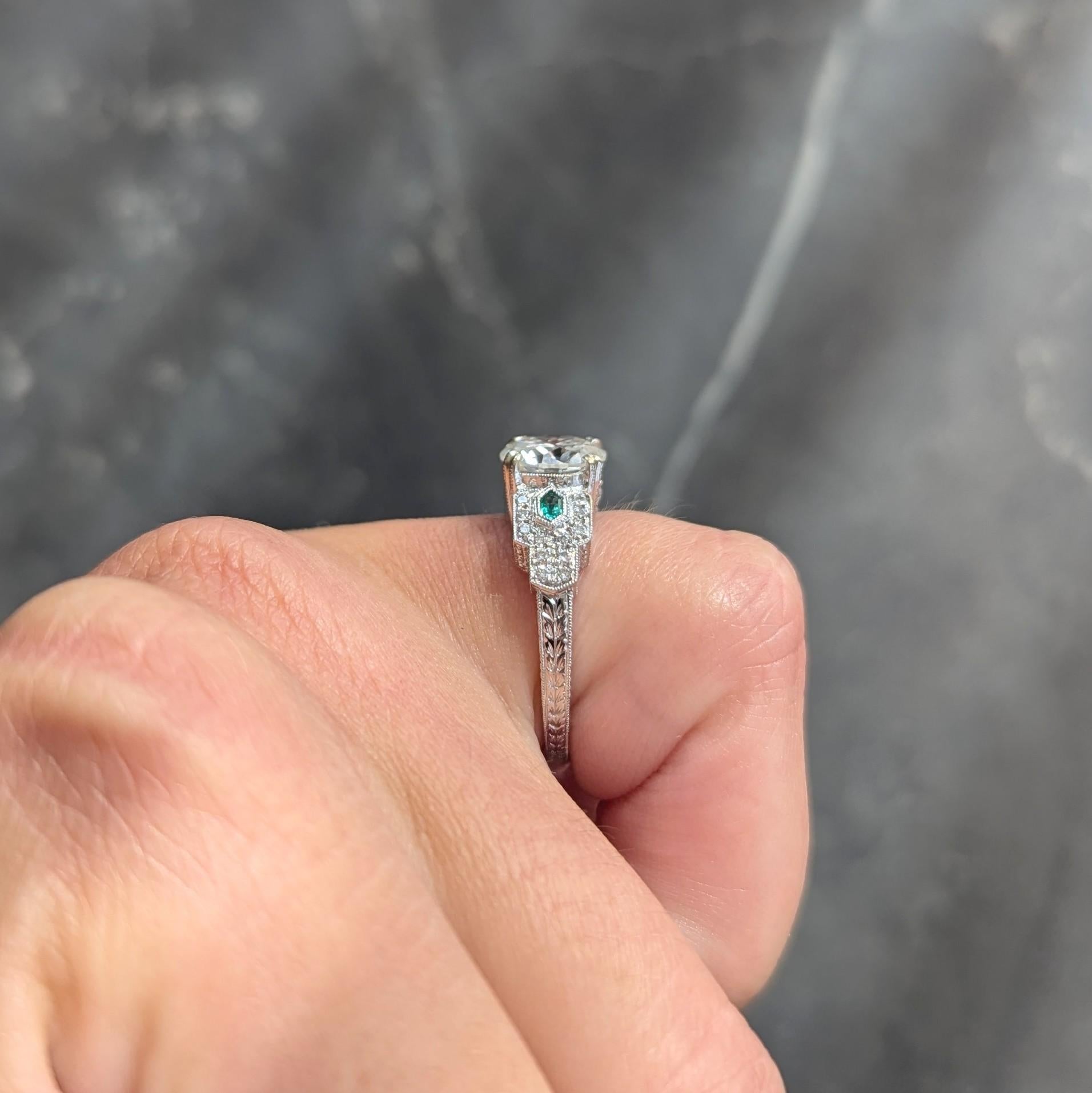 2.21 CTW Old European Diamond Emerald 18 Karat White Gold Engagement Ring GIA