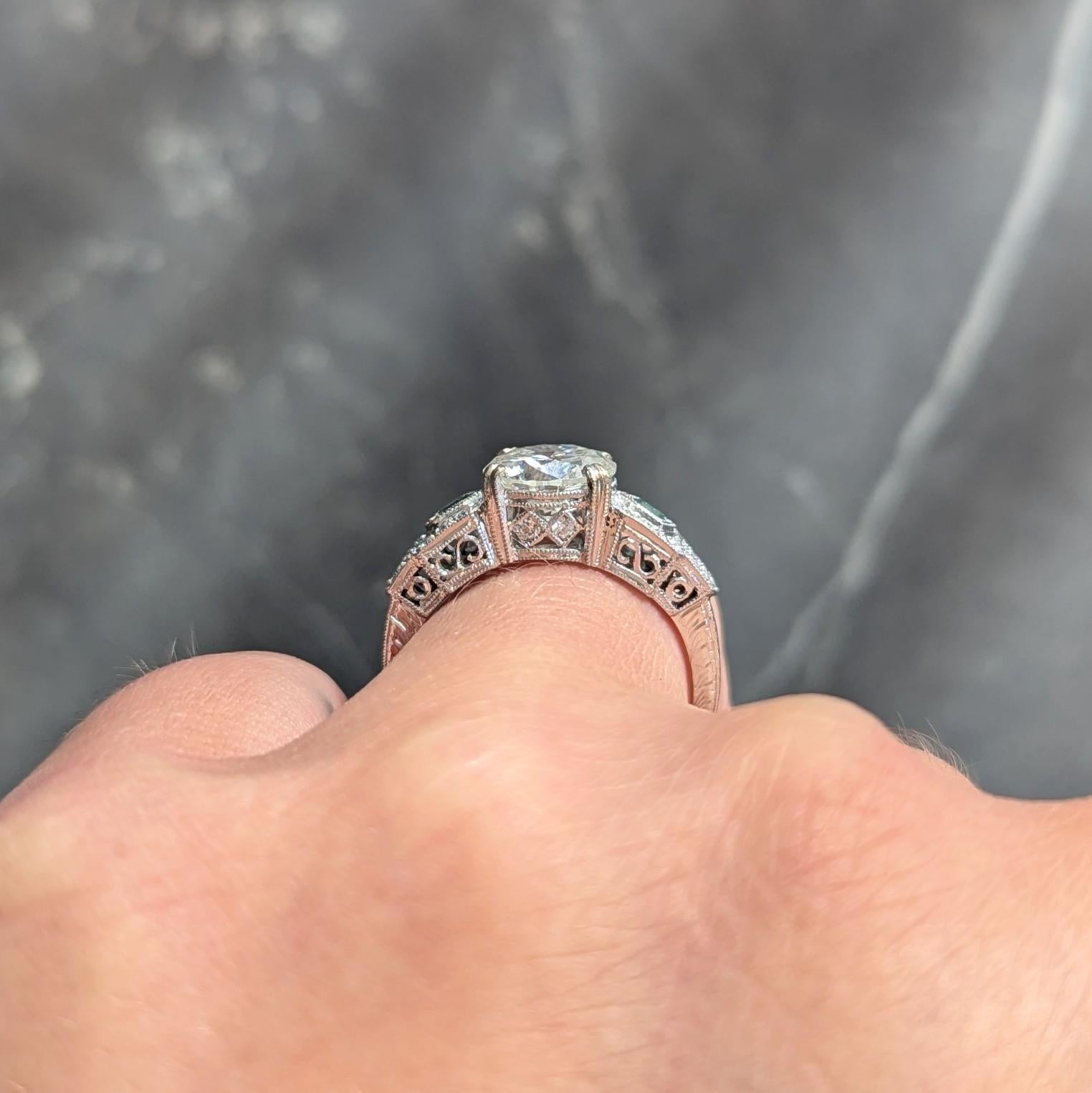 2.21 CTW Old European Diamond Emerald 18 Karat White Gold Engagement Ring GIA
