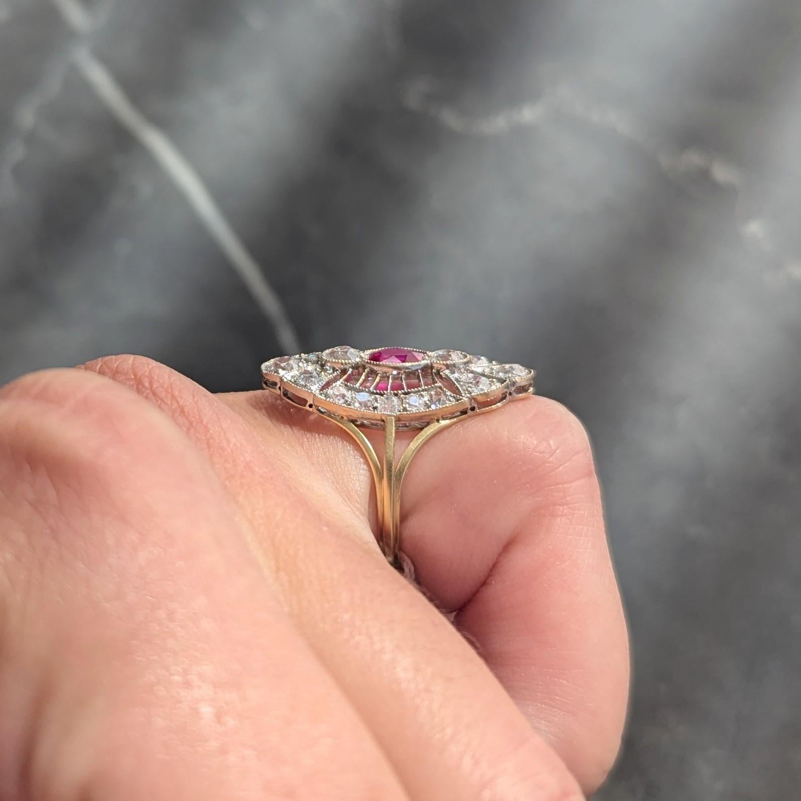 Edwardian 2.32 CTW Ruby Diamond 18K Two-Tone Gold Antique Navette Dinner Ring