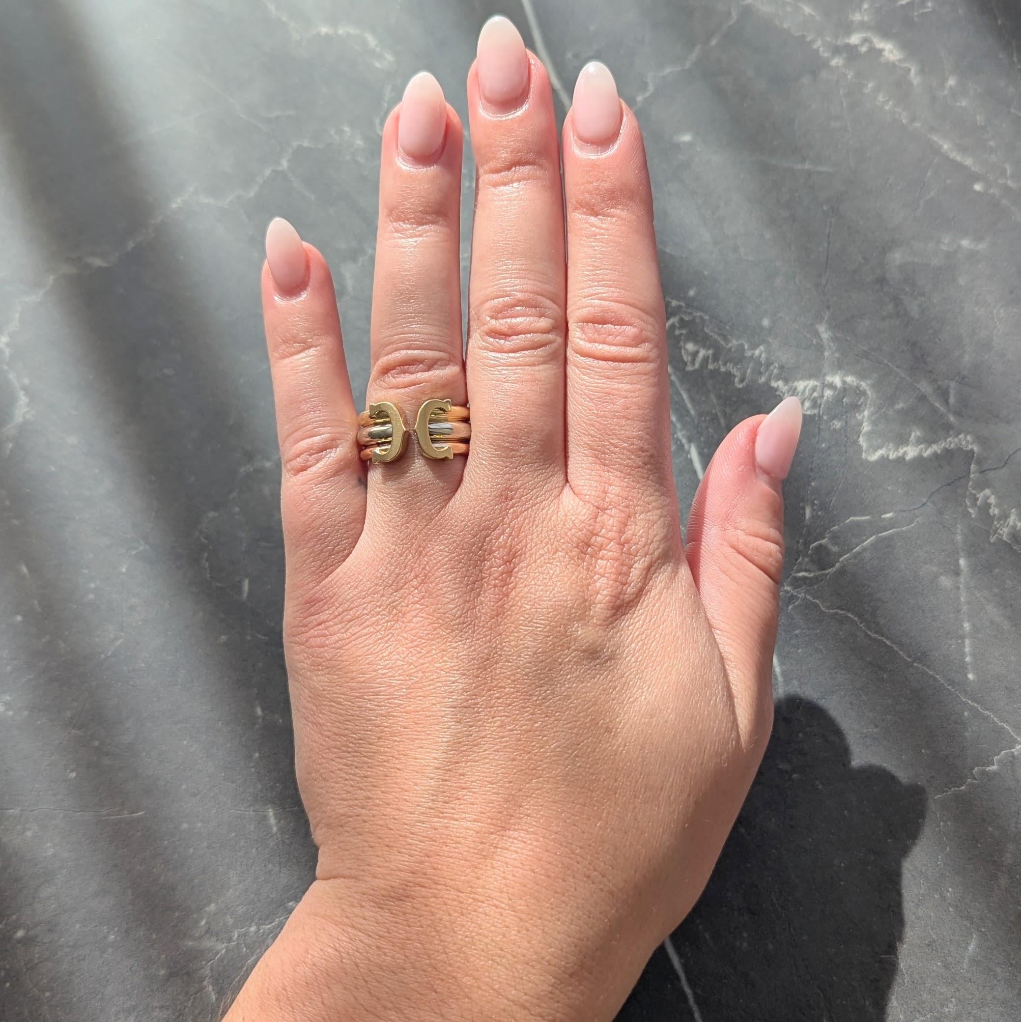 Cartier French 1997 18K Tri-Colored Gold Vintage C de Cartier Cuff Band Ring