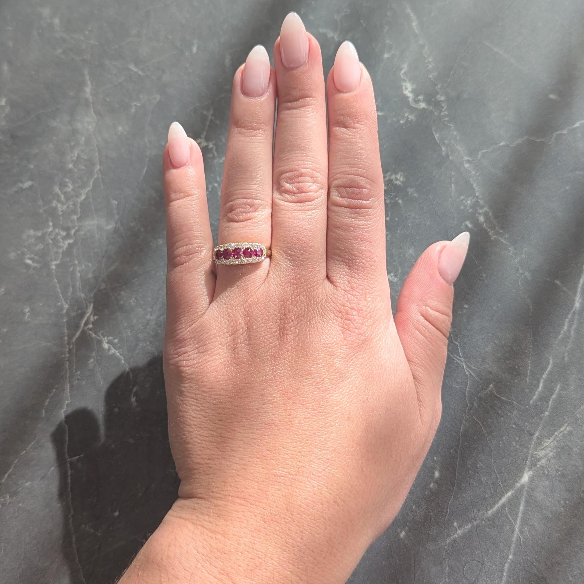 Victorian 1.47 CTW Ruby Diamond 18 Karat Yellow Gold Antique Halo Band Ring