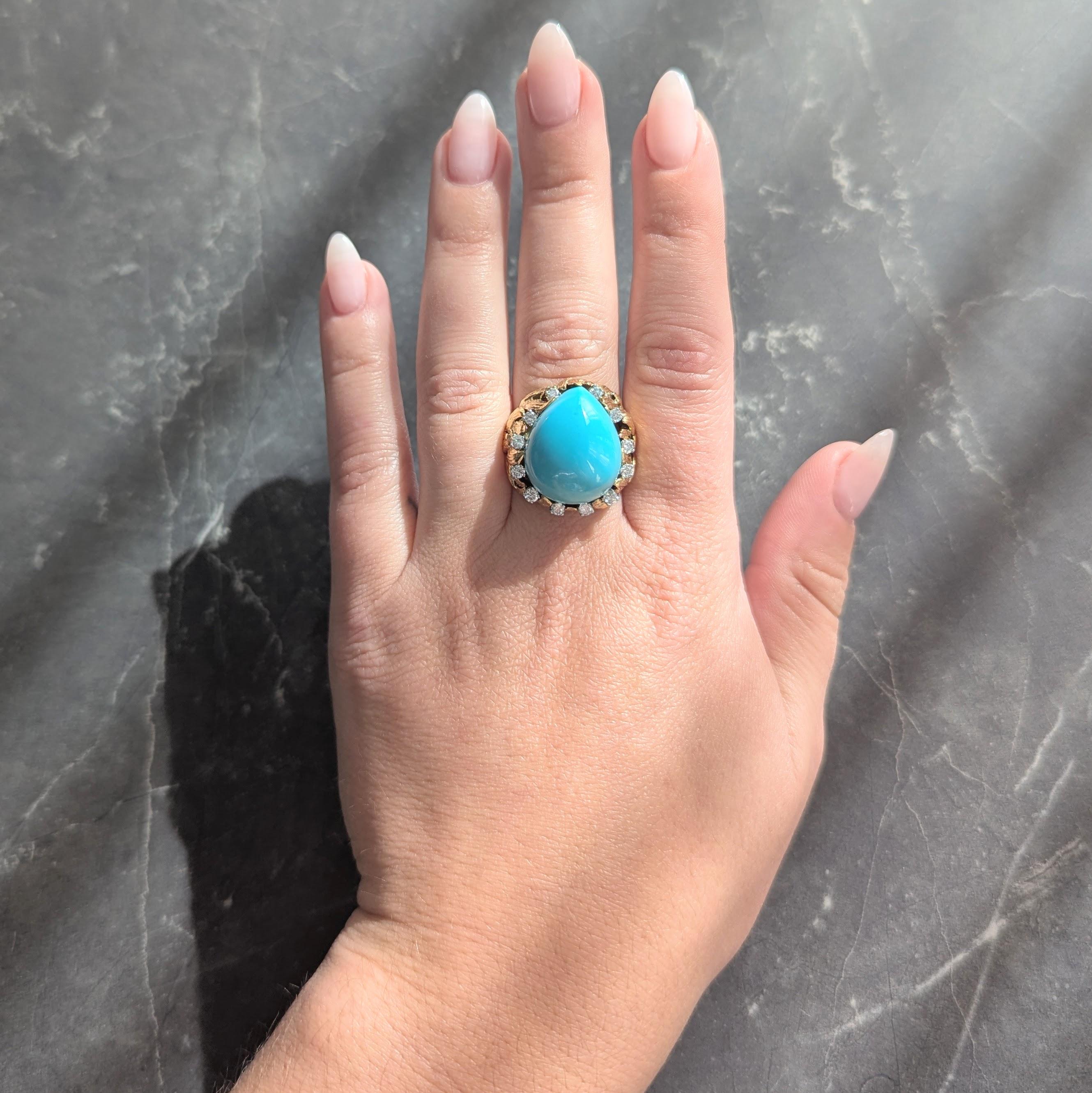 David Webb 1970's Turquoise Diamond 18K Gold Platinum Vintage Foliate Ring