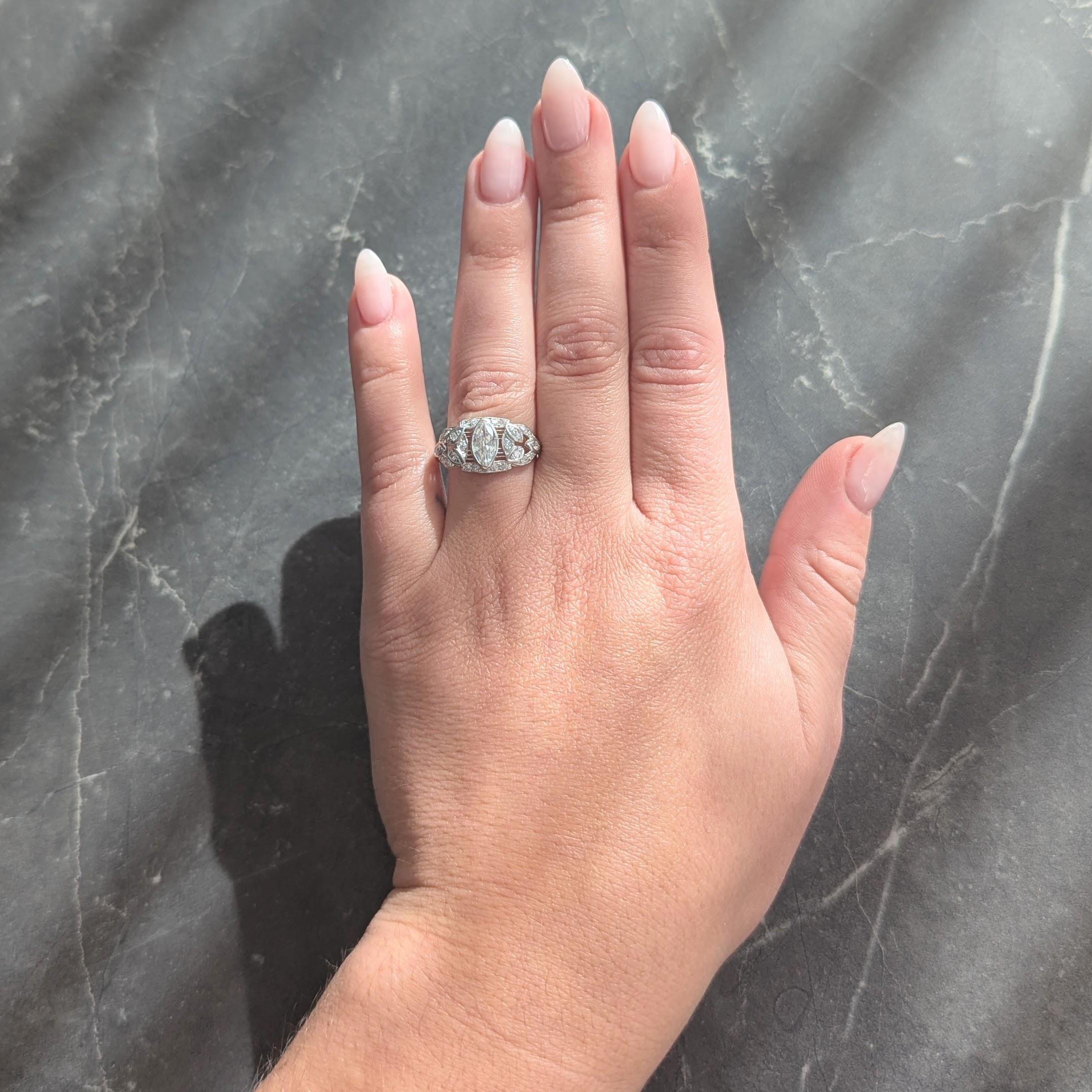 Art Deco 1.20 CTW Marquise Cut Diamond Platinum Foliate Antique Engagement Ring