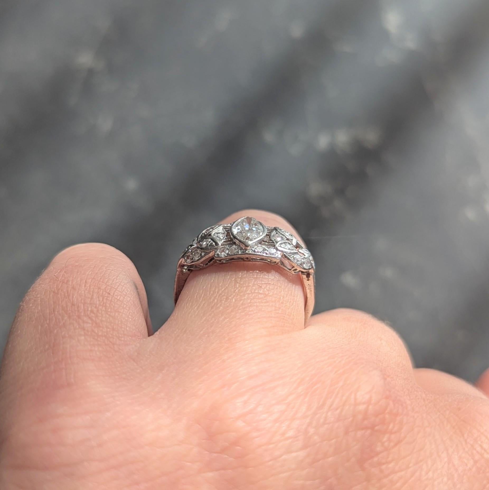 Art Deco 1.20 CTW Marquise Cut Diamond Platinum Foliate Antique Engagement Ring