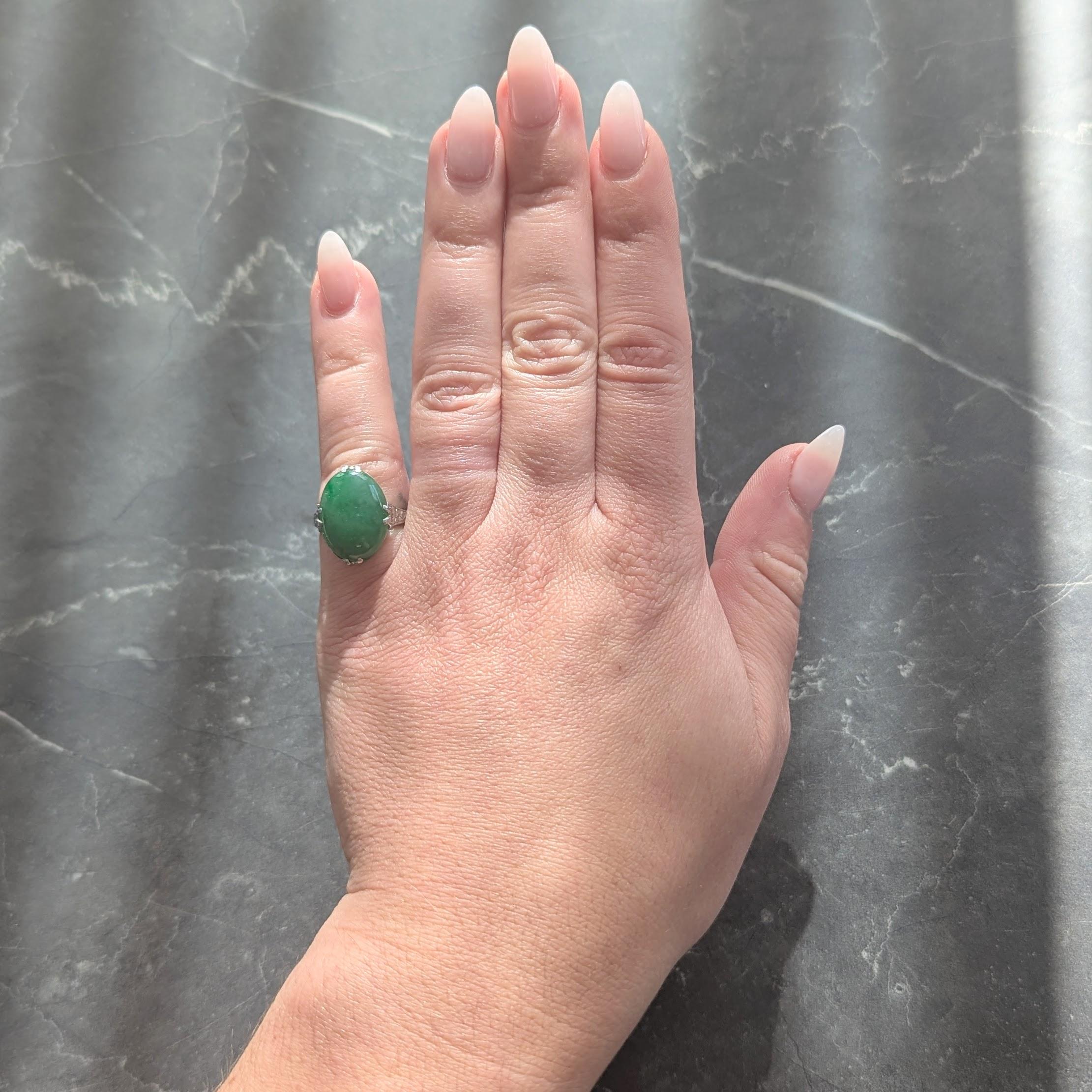 Art Deco Jade Cabochon Platinum Vintage Orange Blossom Gemstone Ring