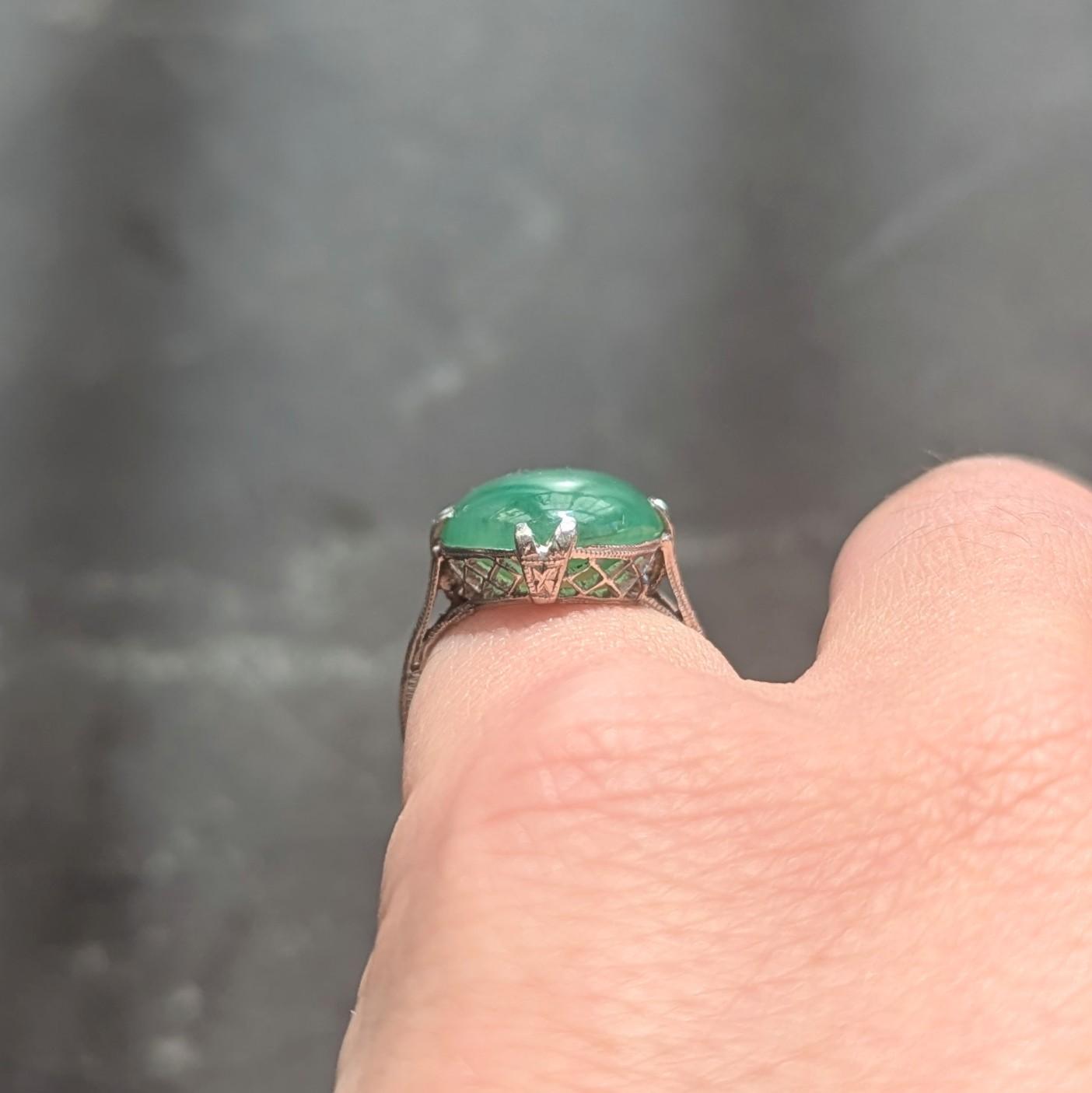 Art Deco Jade Cabochon Platinum Vintage Orange Blossom Gemstone Ring