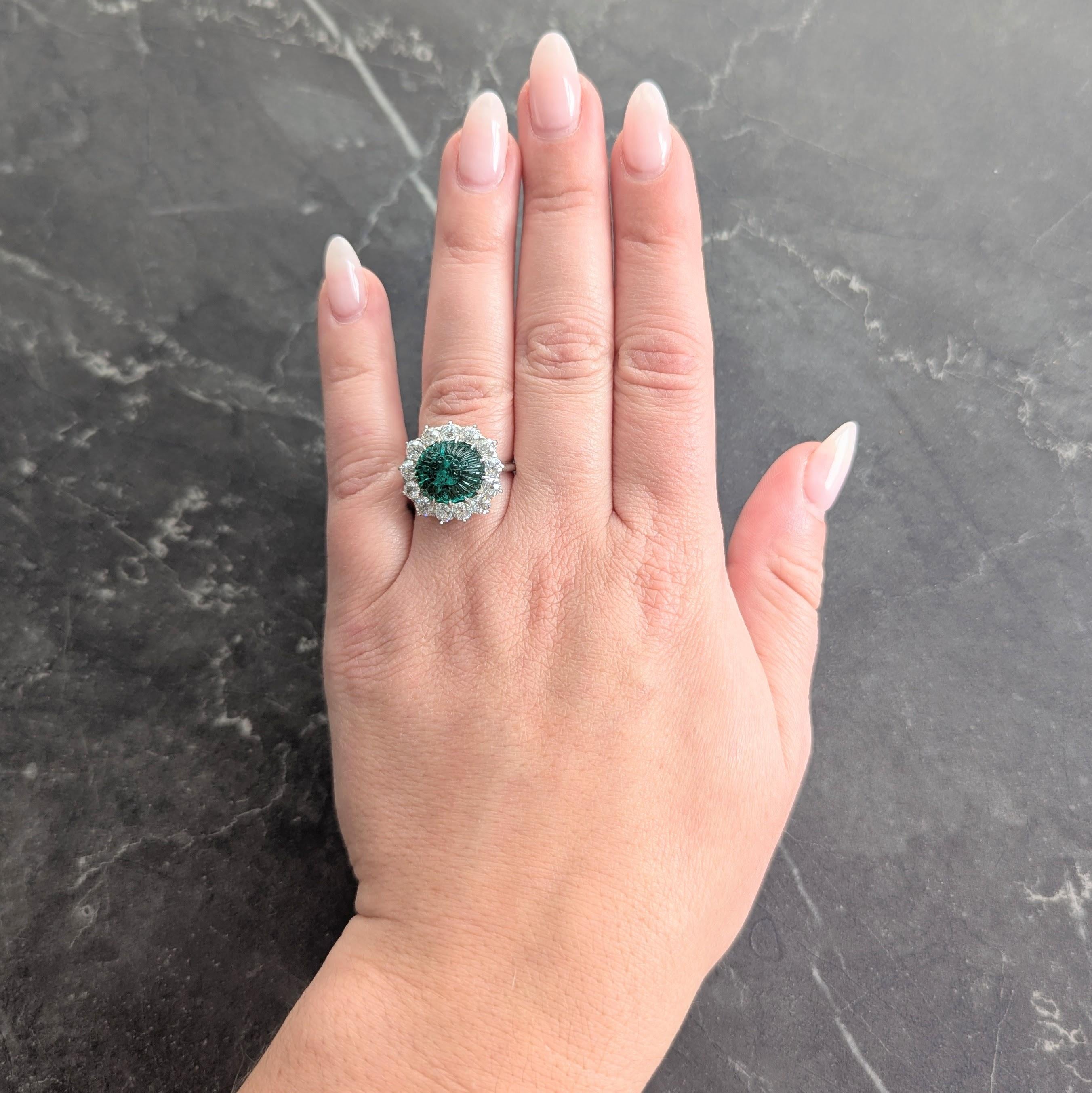 Art Deco Carved Mogul Emerald Diamond Platinum 18K Gold Antique Halo Ring