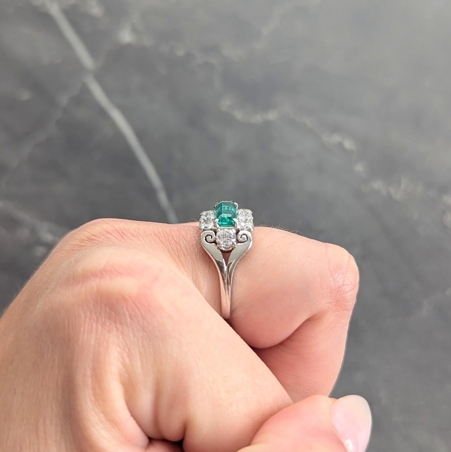 Mid-Century 2.14 Emerald Diamond Platinum Vintage Scroll Ring