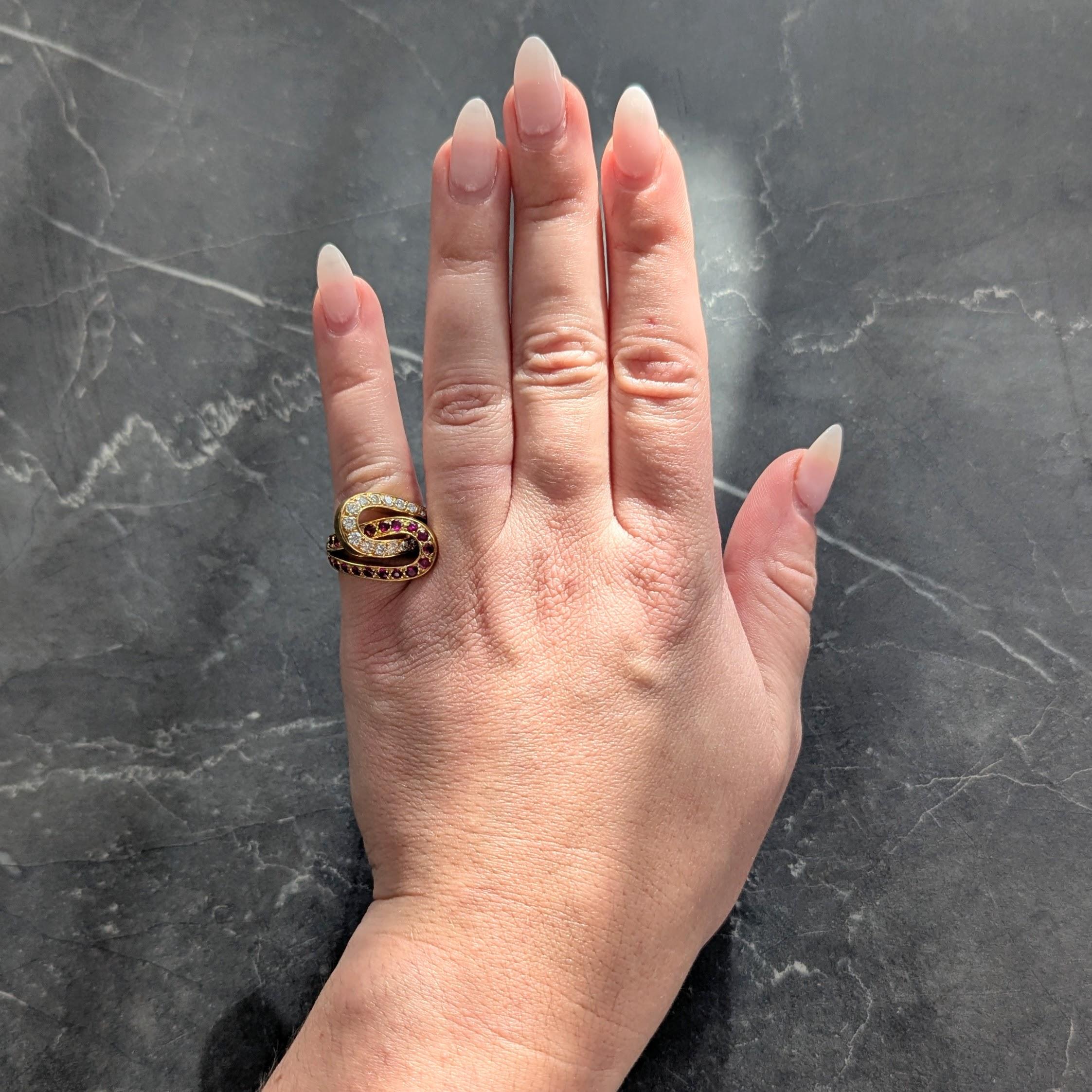 Mid-Century 1.35 CTW Ruby Diamond Platinum Vintage Double Horseshoe Ring