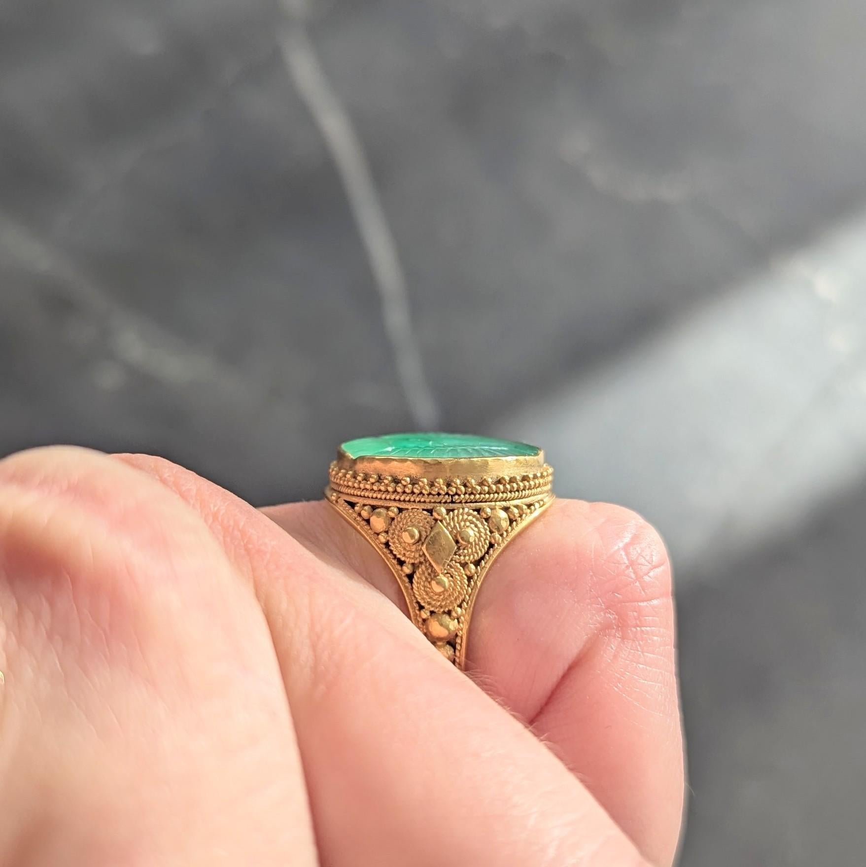 Etruscan Revival Victorian Jade 14K Gold Antique Granulated Crane Signet Ring