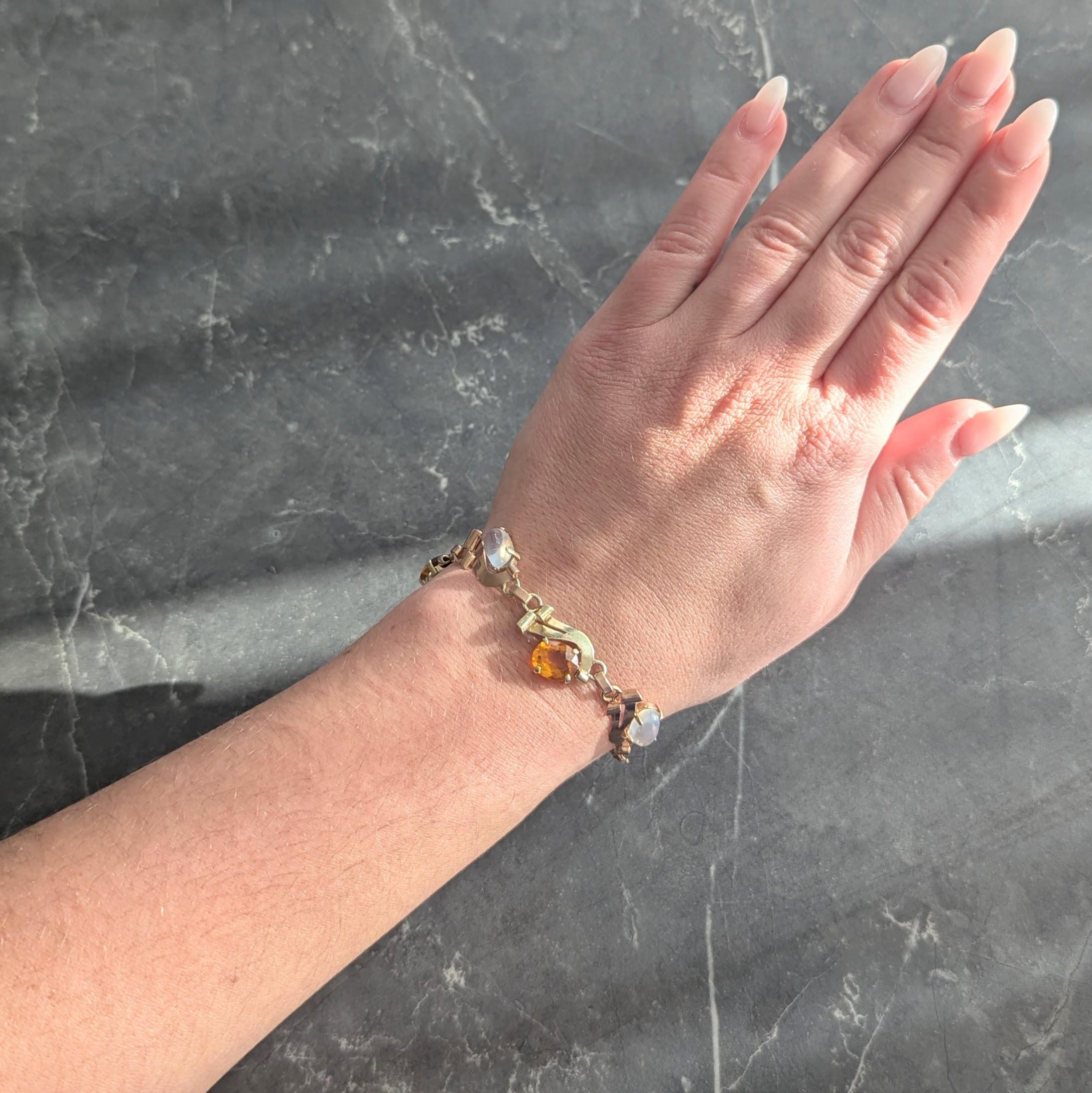 Retro Citrine Moonstone 14 Karat Two-Tone Gold Vintage Ribbon Link Bracelet