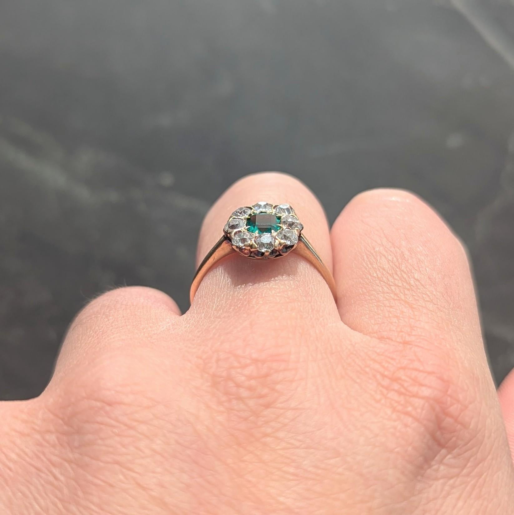 Victorian 1.23 CTW Emerald Diamond 14 Karat Yellow Gold Antique Halo Ring