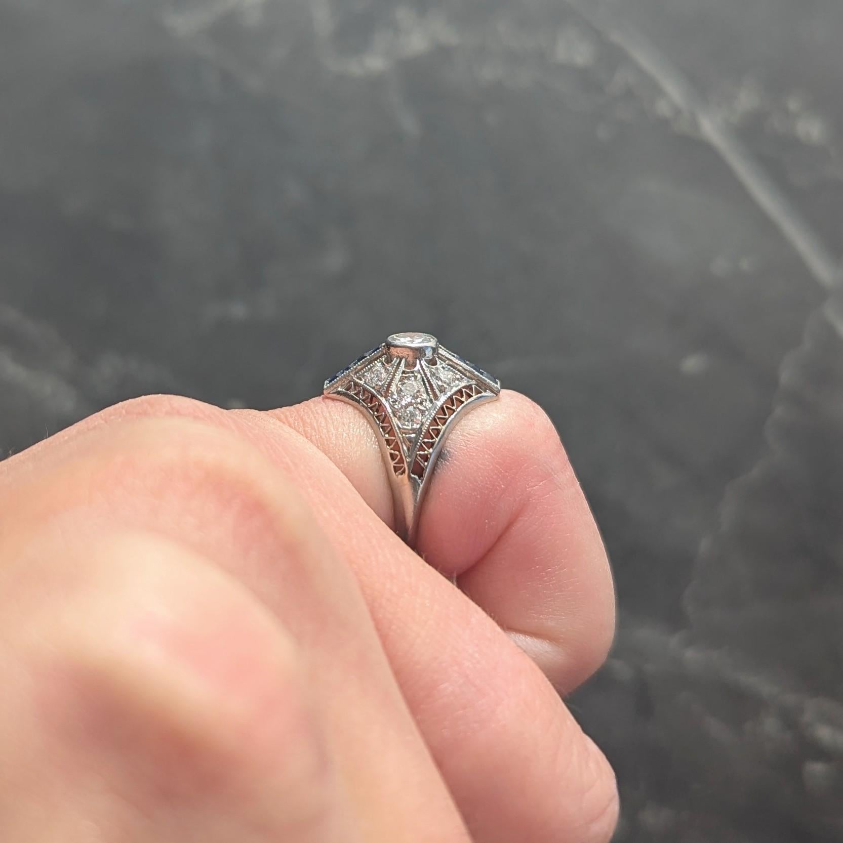 Art Deco 0.94 CTW Sapphire Diamond Platinum Vintage Zig-Zag Navette Dinner Ring