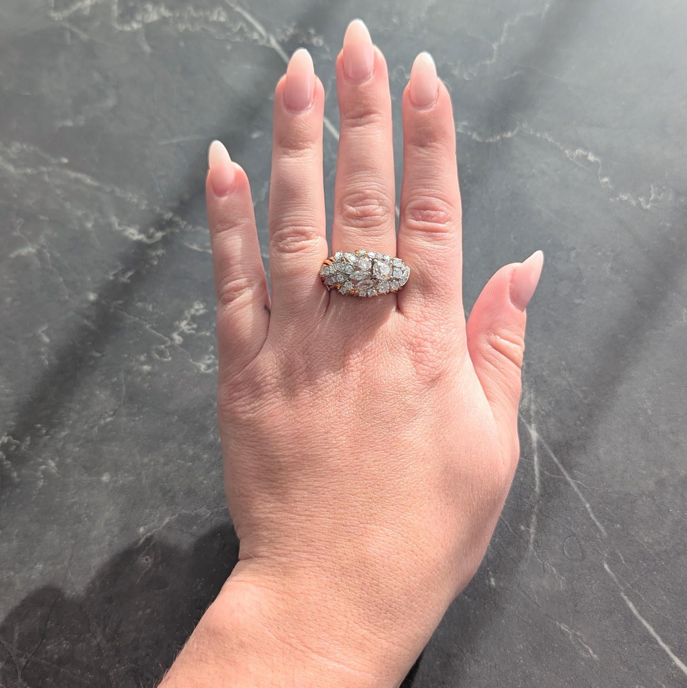 Mid-Century 2.34 CTW Diamond Platinum 18K Gold Vintage Wire Spray Cluster Ring