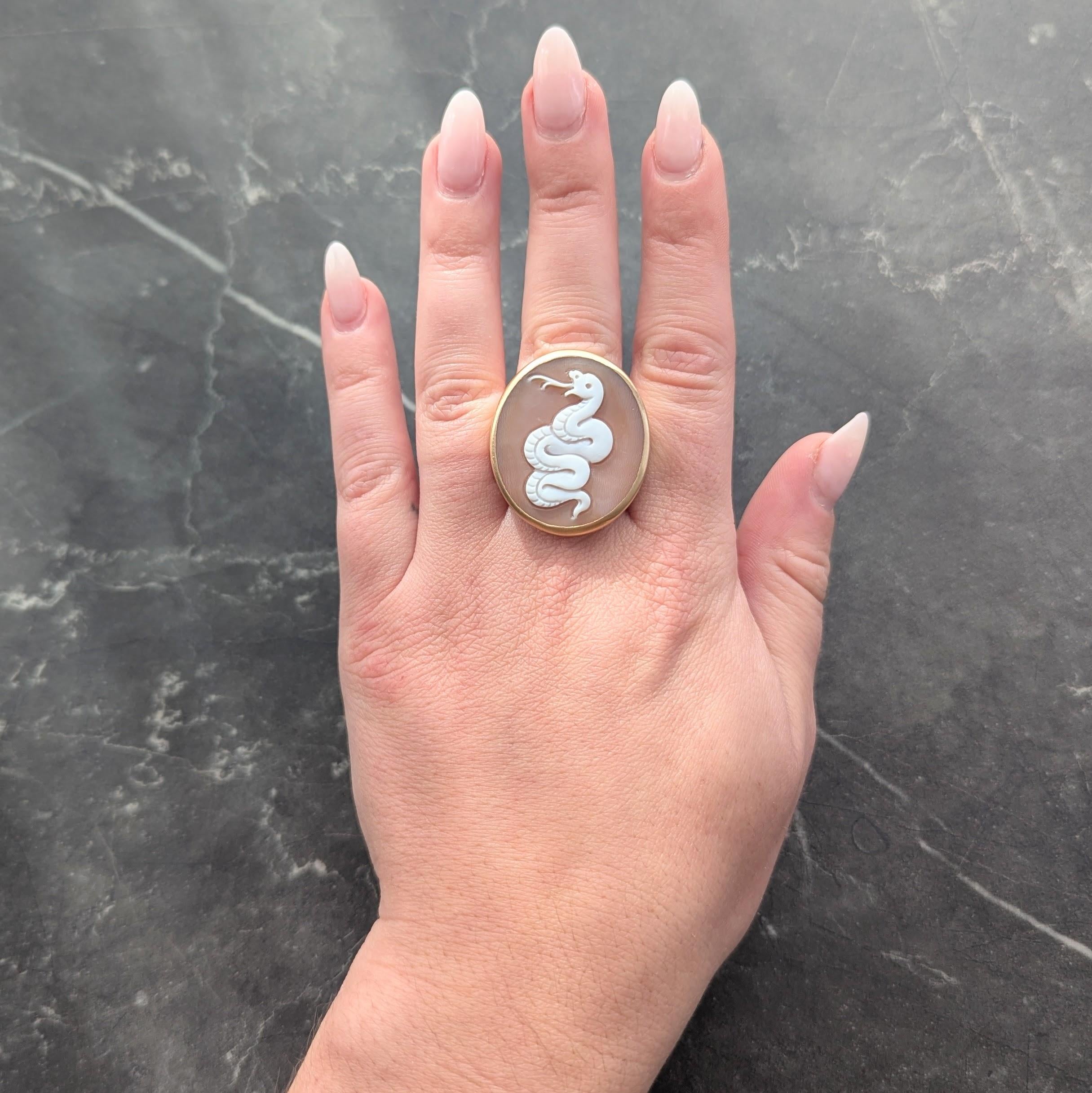 Pomellato Carved Shell 18 Karat Rose Gold Eva Snake Cameo Signet Ring