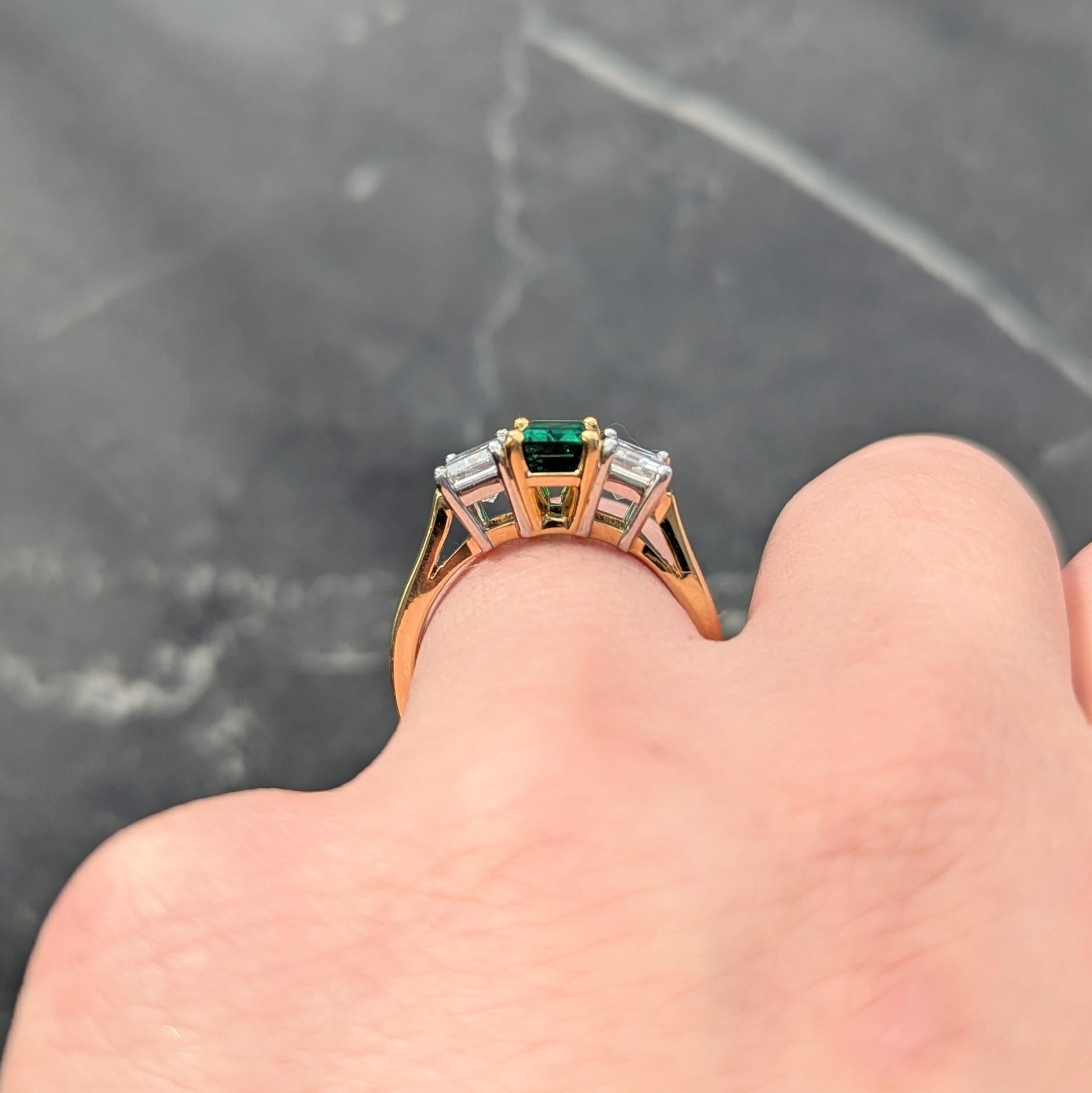 1990's 3.36 CTW No-Oil Emerald Diamond 18K Gold Platinum Three Stone Ring GIA