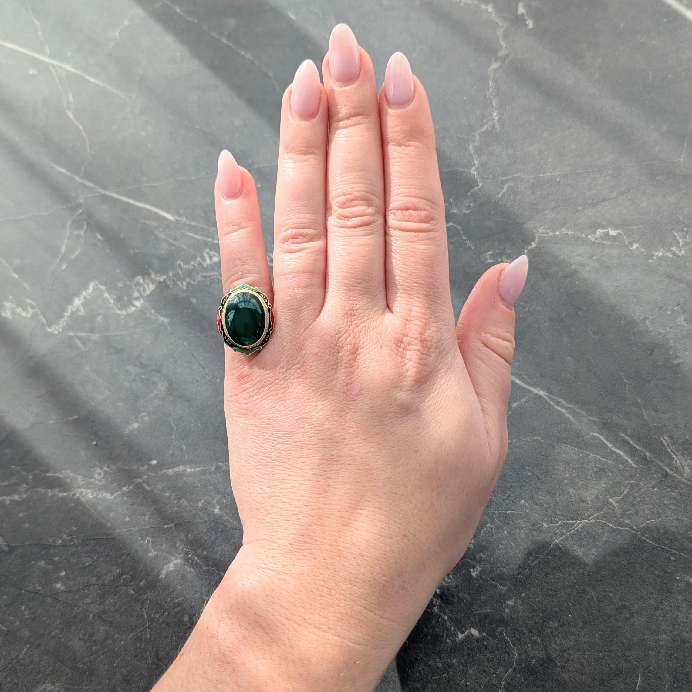 Early Art Deco Chalcedony Enamel 14 Karat Yellow Gold Antique Cocktail Ring