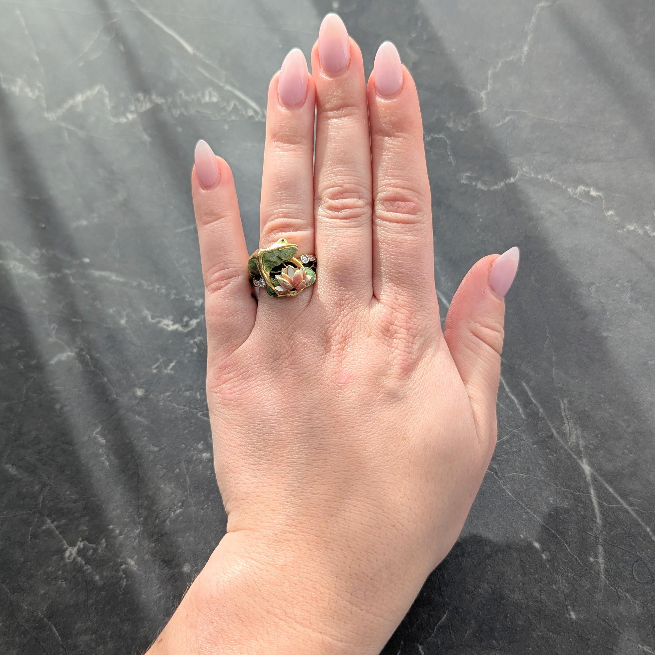 Masriera Contemporary Diamond Enamel 18K Gold Platinum Frog Water Lily Ring
