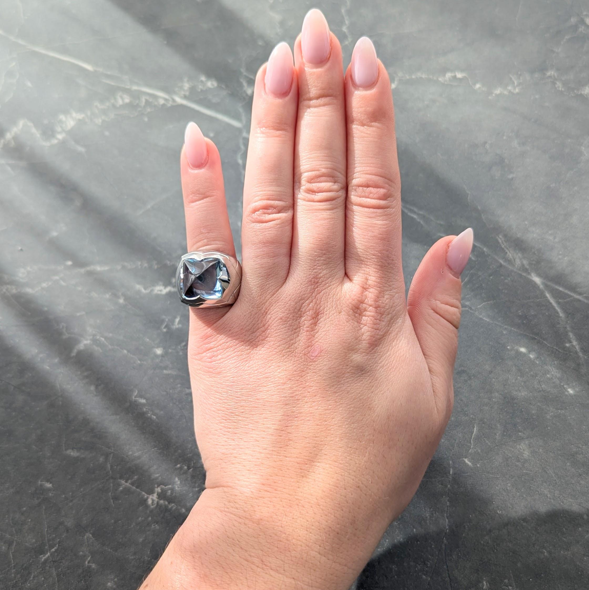 Bulgari Blue Topaz 18 Karat White Gold Pyramid Quatrefoil Dome Ring