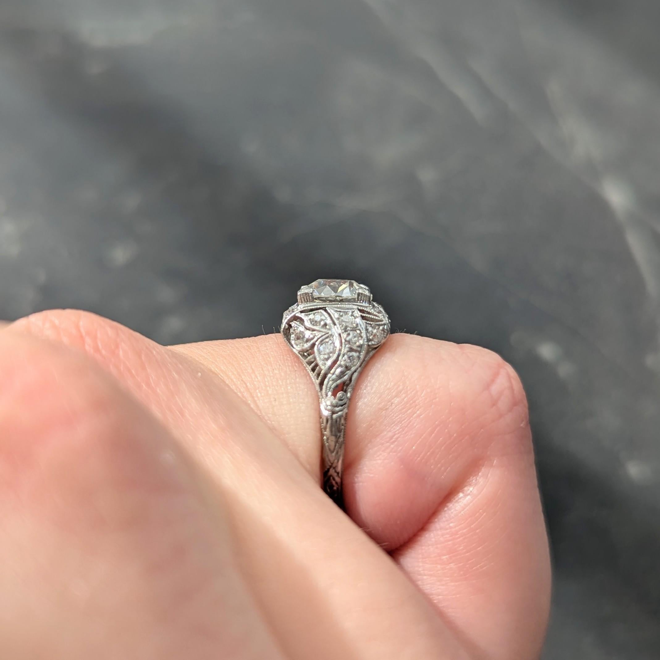 Art Deco 2.03 CTW Old European Diamond Platinum Foliate Vintage Engagement Ring